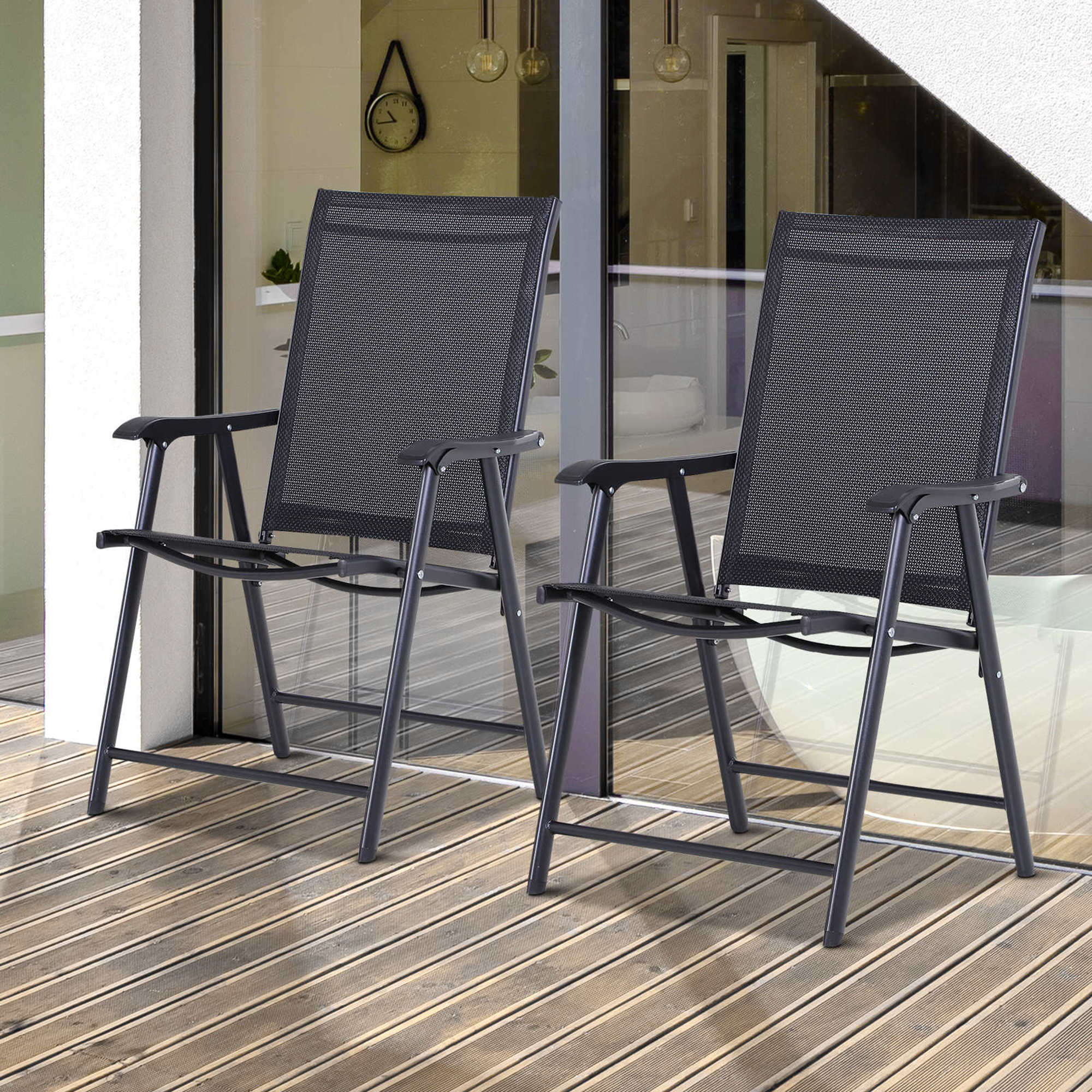 Outsunny Set of 2 Folding Garden Chairs with Metal and Texteline Armrests, 58x64x94cm, Black