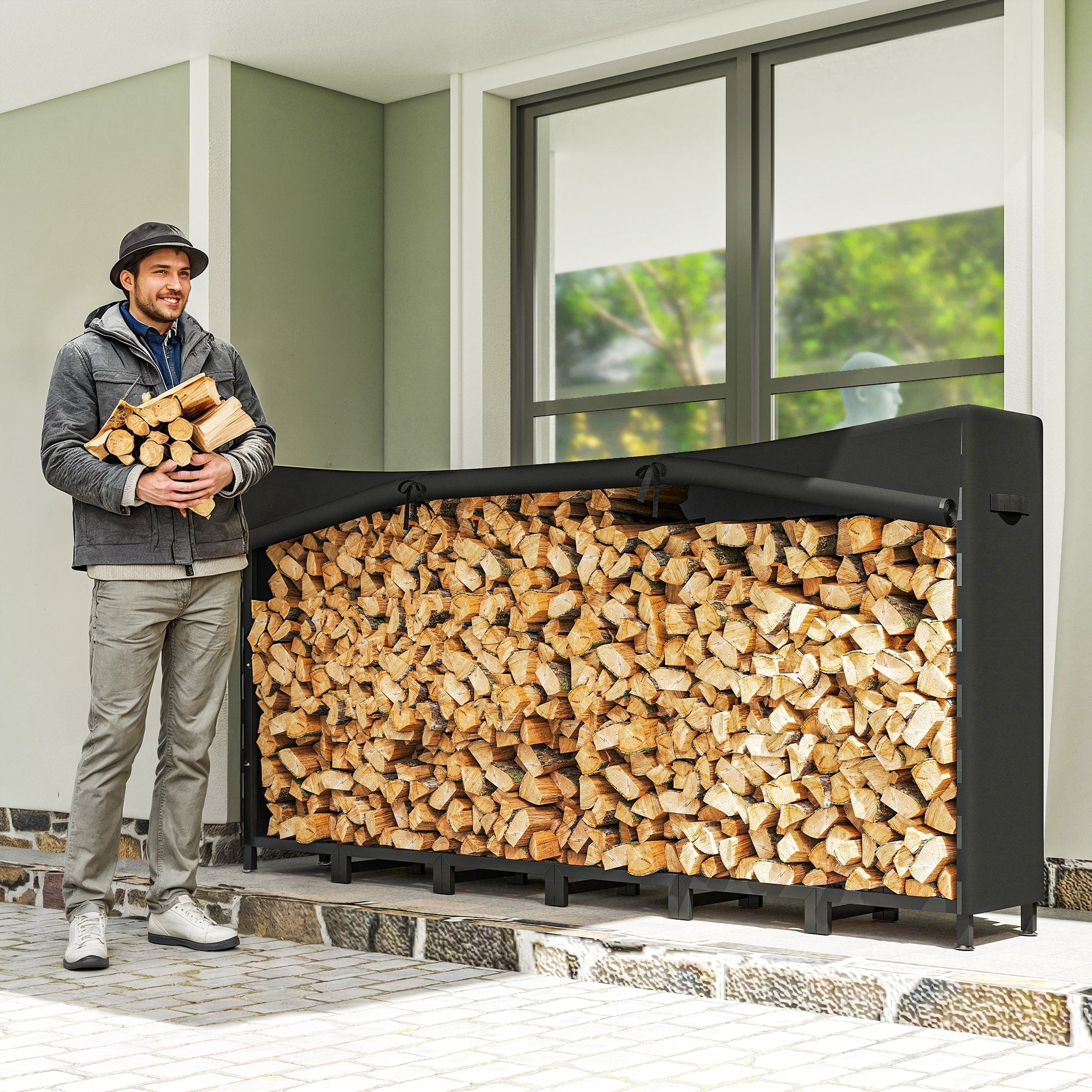 Outdoor Metal Firewood Shed with Waterproof Cover, 0.8m³ Capacity, Adjustable Frame, 235x31x116cm, Black