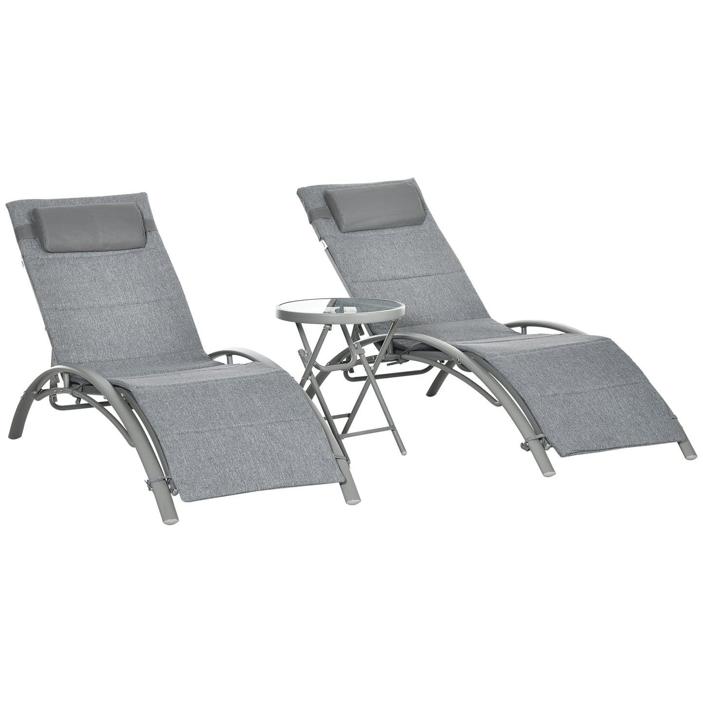 Set of 2 Reclining Sun Loungers on 4 Levels and Folding Table, Grey