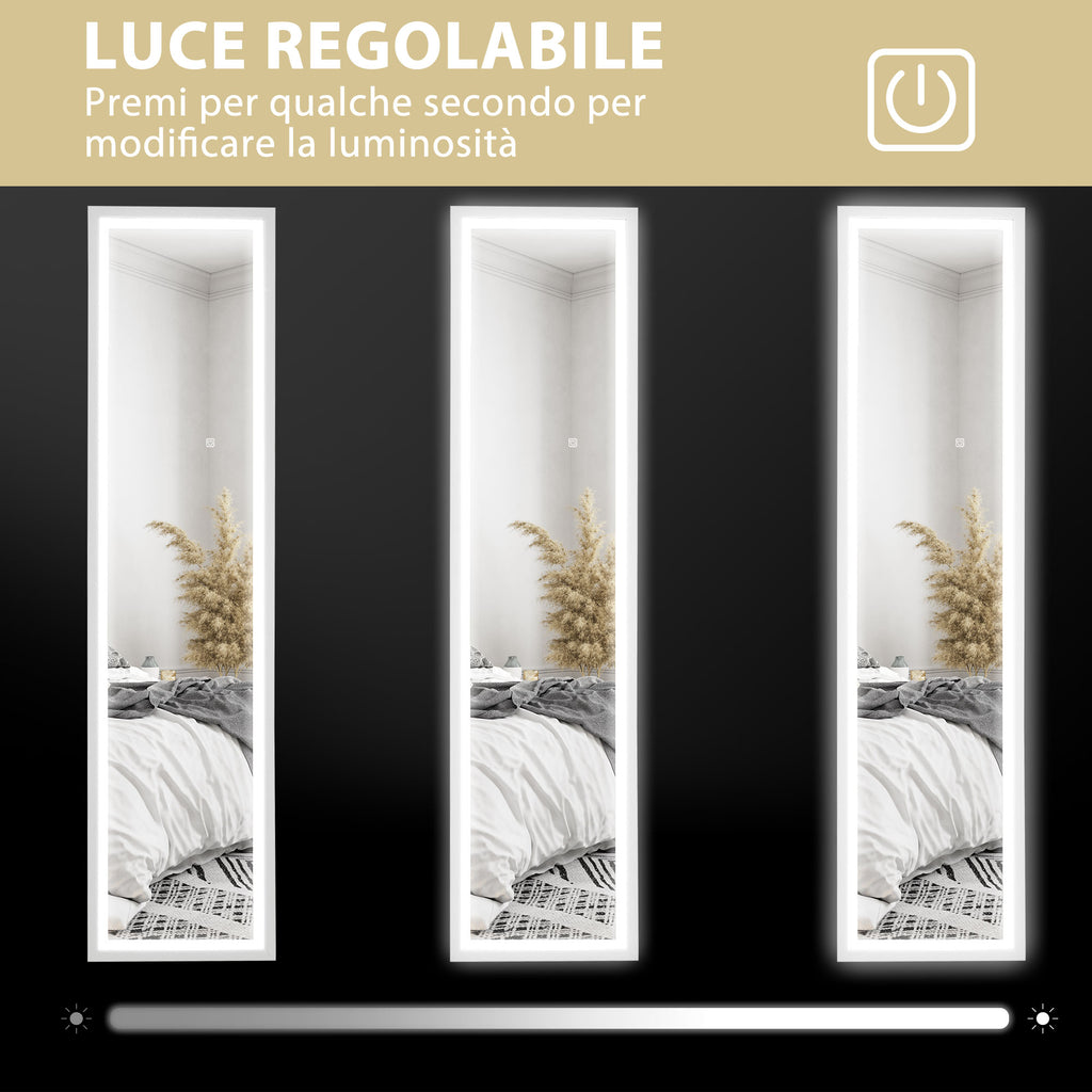 Illuminated Mirror with Adjustable LED Lights and Touch Button, Glass and MDF, 40x5x160 cm, White