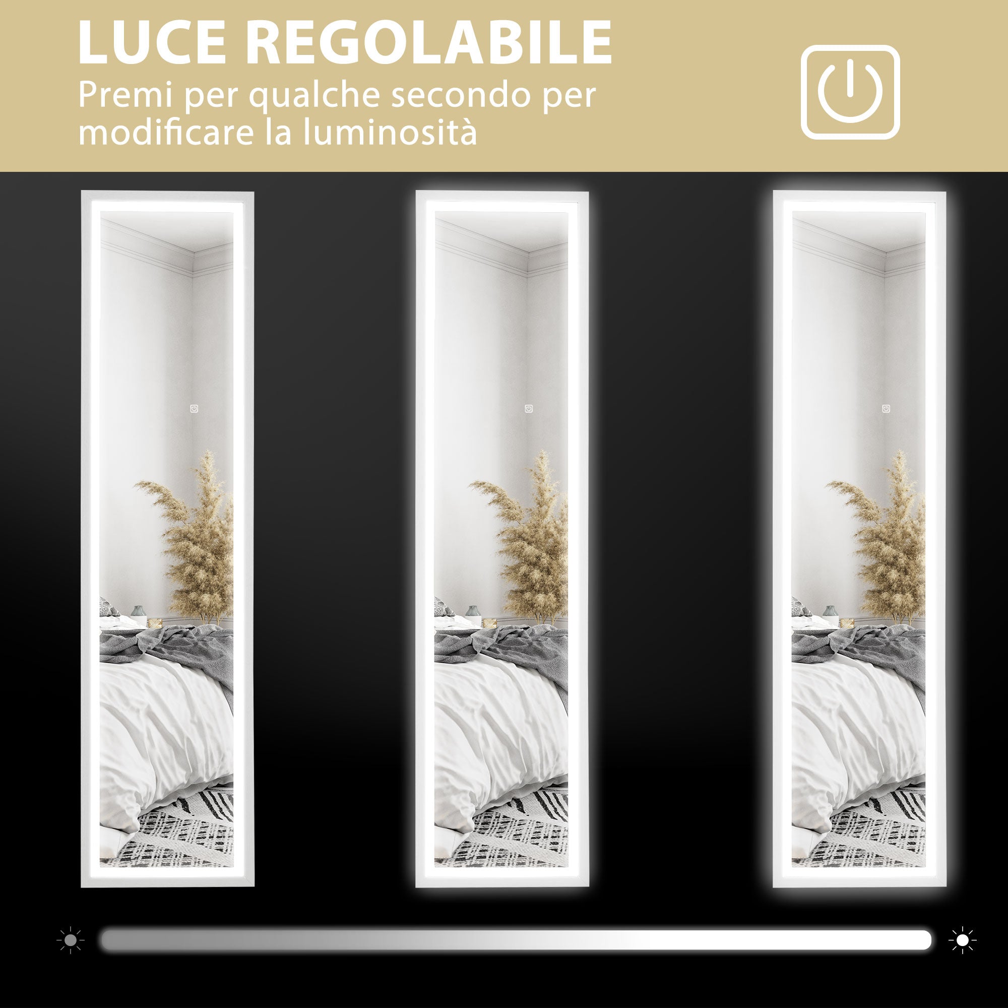 Illuminated Mirror with Adjustable LED Lights and Touch Button, Glass and MDF, 40x5x160 cm, White