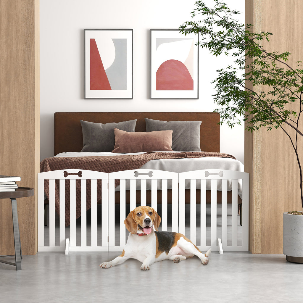 3-Panel Folding Dog Gate with 2 Stands, White Wood, 155x30x61 cm