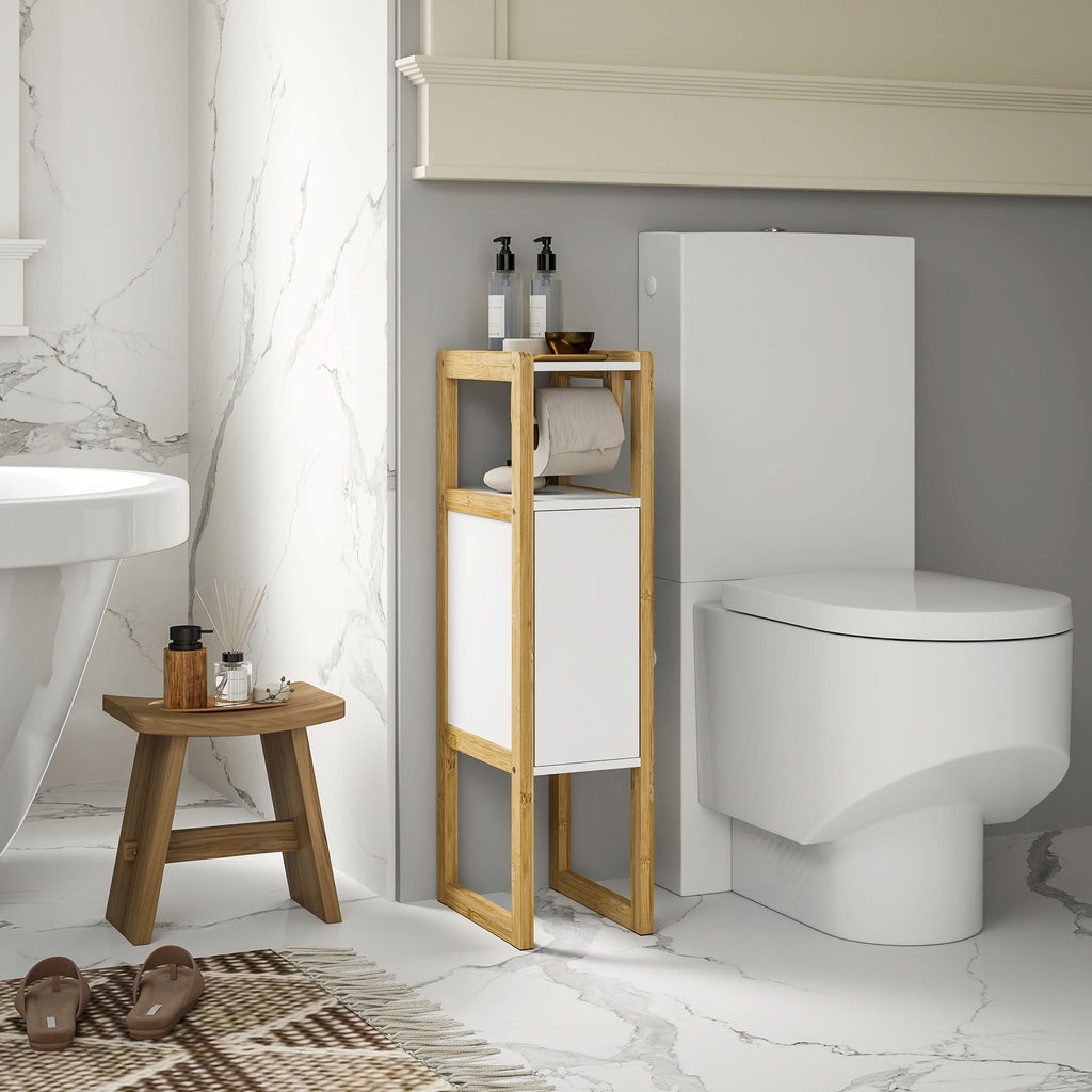 Space-Saving Bathroom Cabinet with Toilet Paper Holder, Cabinet and Bamboo Shelf, 20x33x80cm, White
