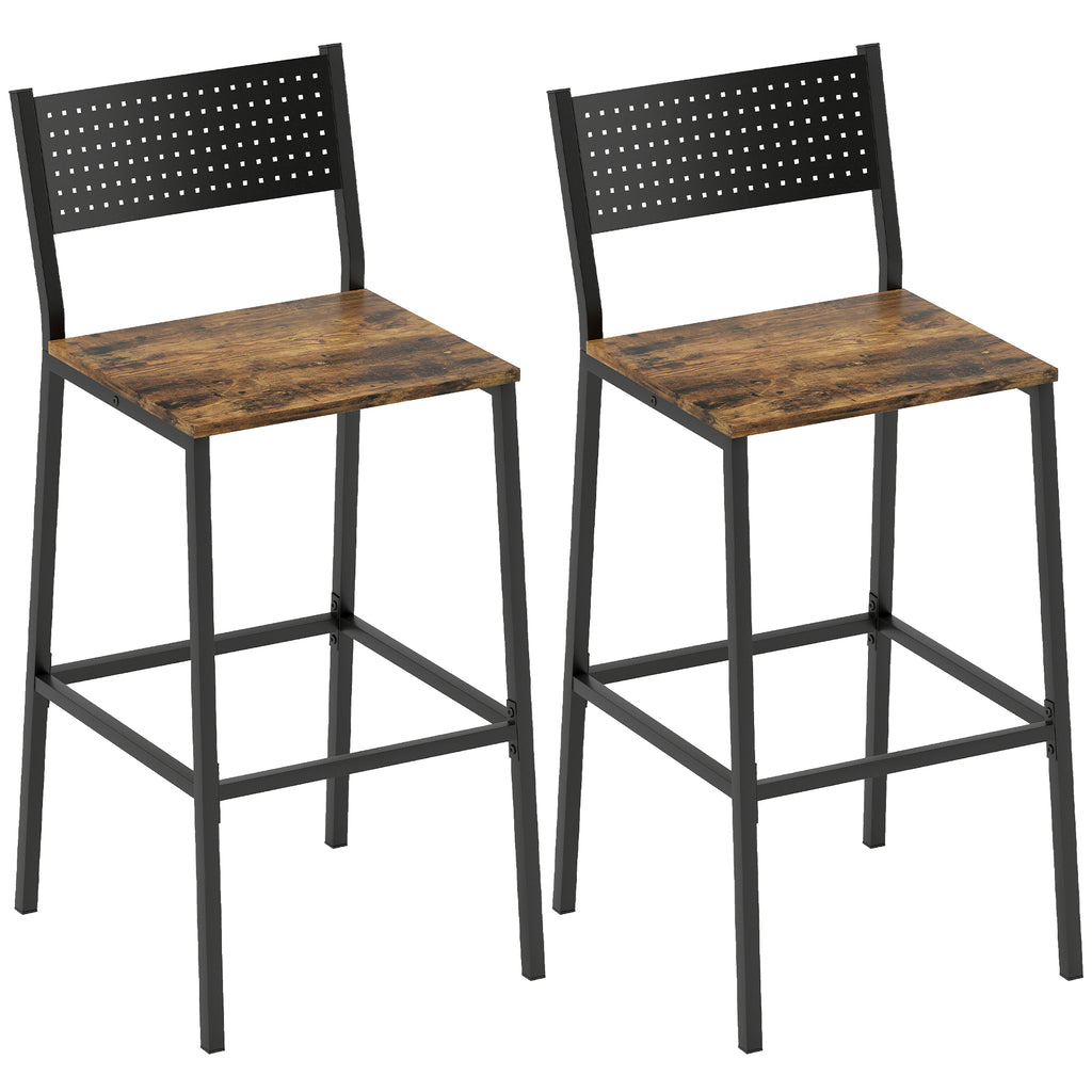 Set of 2 Industrial Style Bar Stools with Backrest and Integrated Footrest, Rustic Brown
