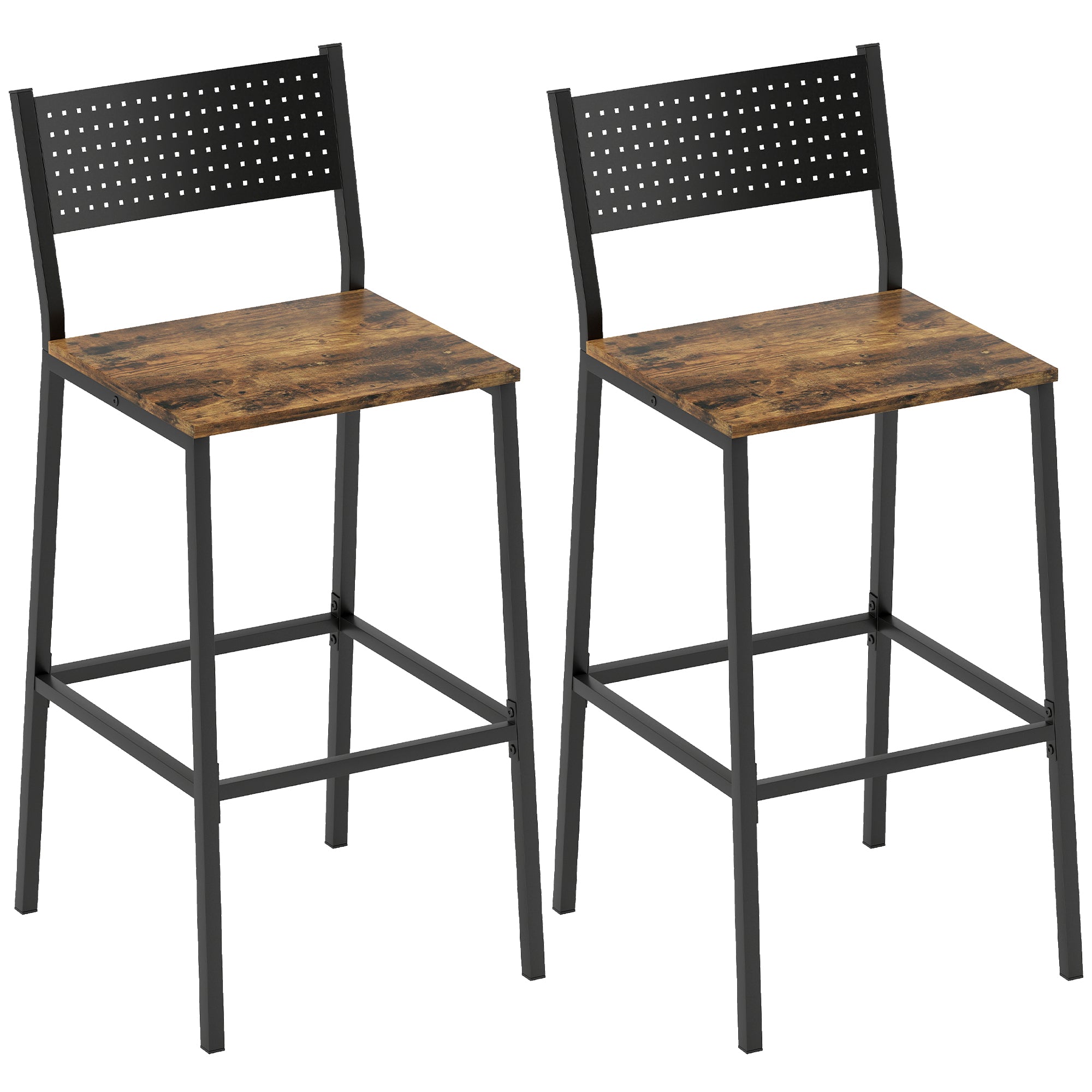 Set of 2 Industrial Style Bar Stools with Backrest and Integrated Footrest, Rustic Brown