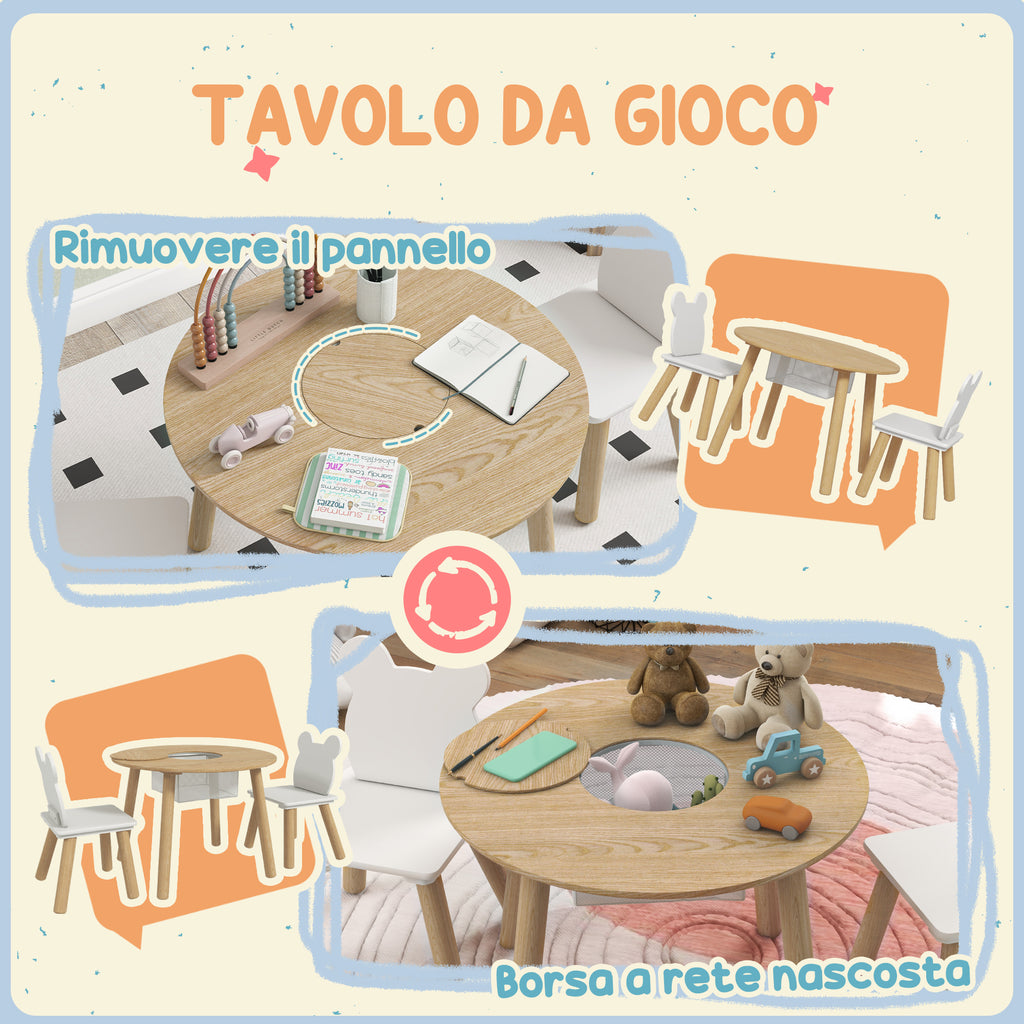 Children's Table and 2 Chairs Set with Teddy Backrest, Coffee Table with Storage, White and Wood
