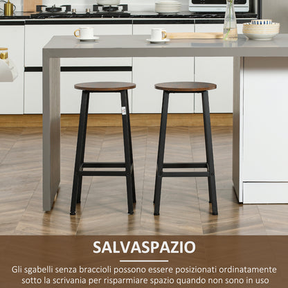 Set of 2 Kitchen Stools in Chipboard and Steel with Smooth Top and Footrest, 32.5x32.5x65 cm, Brown