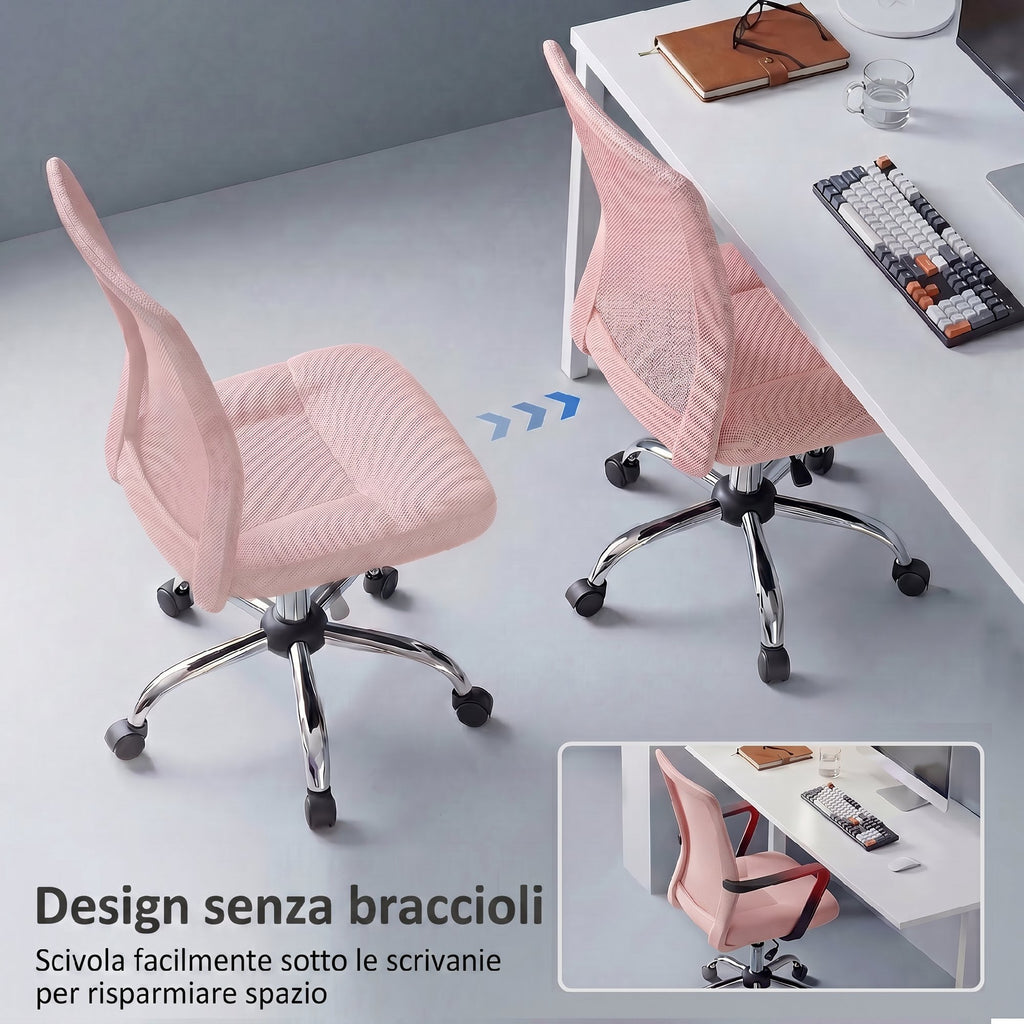 Vinsetto Ergonomic Swivel Office Chair Without Armrests, Breathable Mesh Fabric, Adjustable Height, Pink