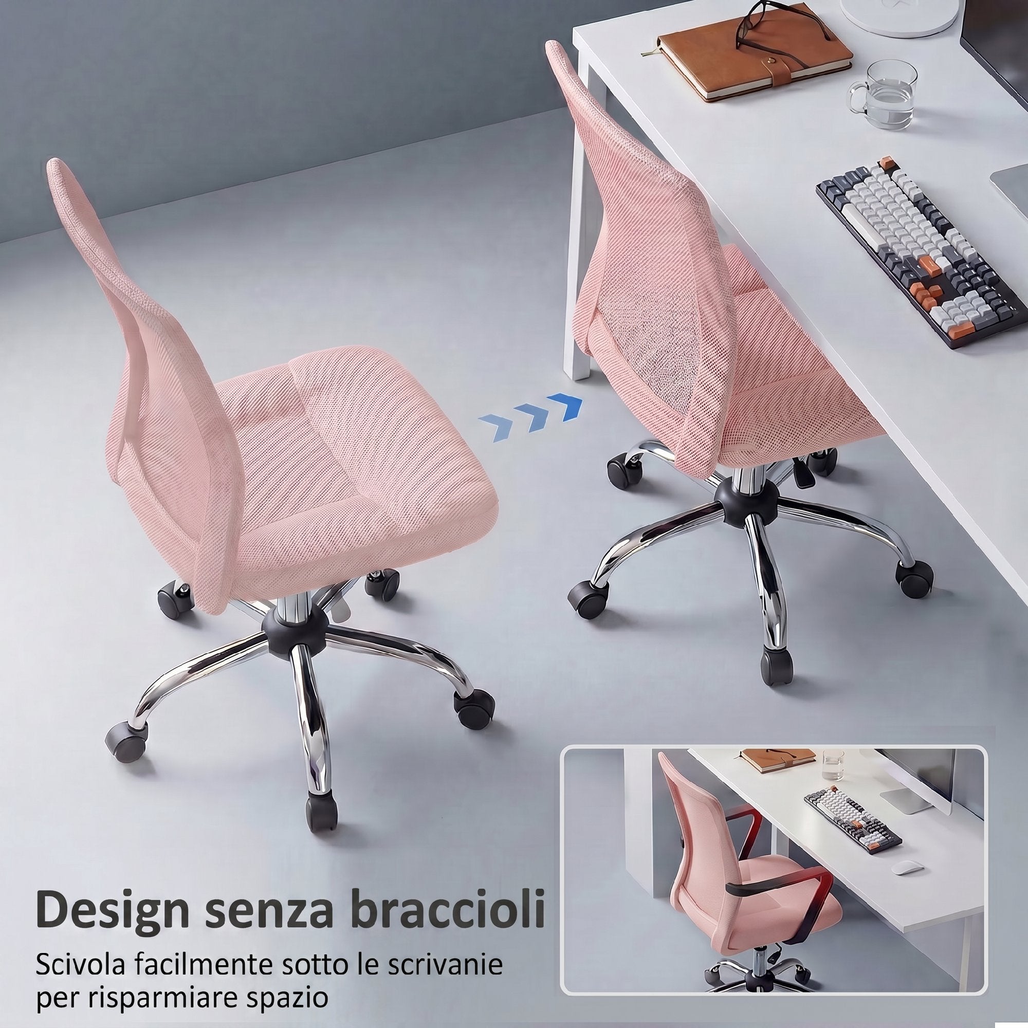 Vinsetto Ergonomic Swivel Office Chair Without Armrests, Breathable Mesh Fabric, Adjustable Height, Pink