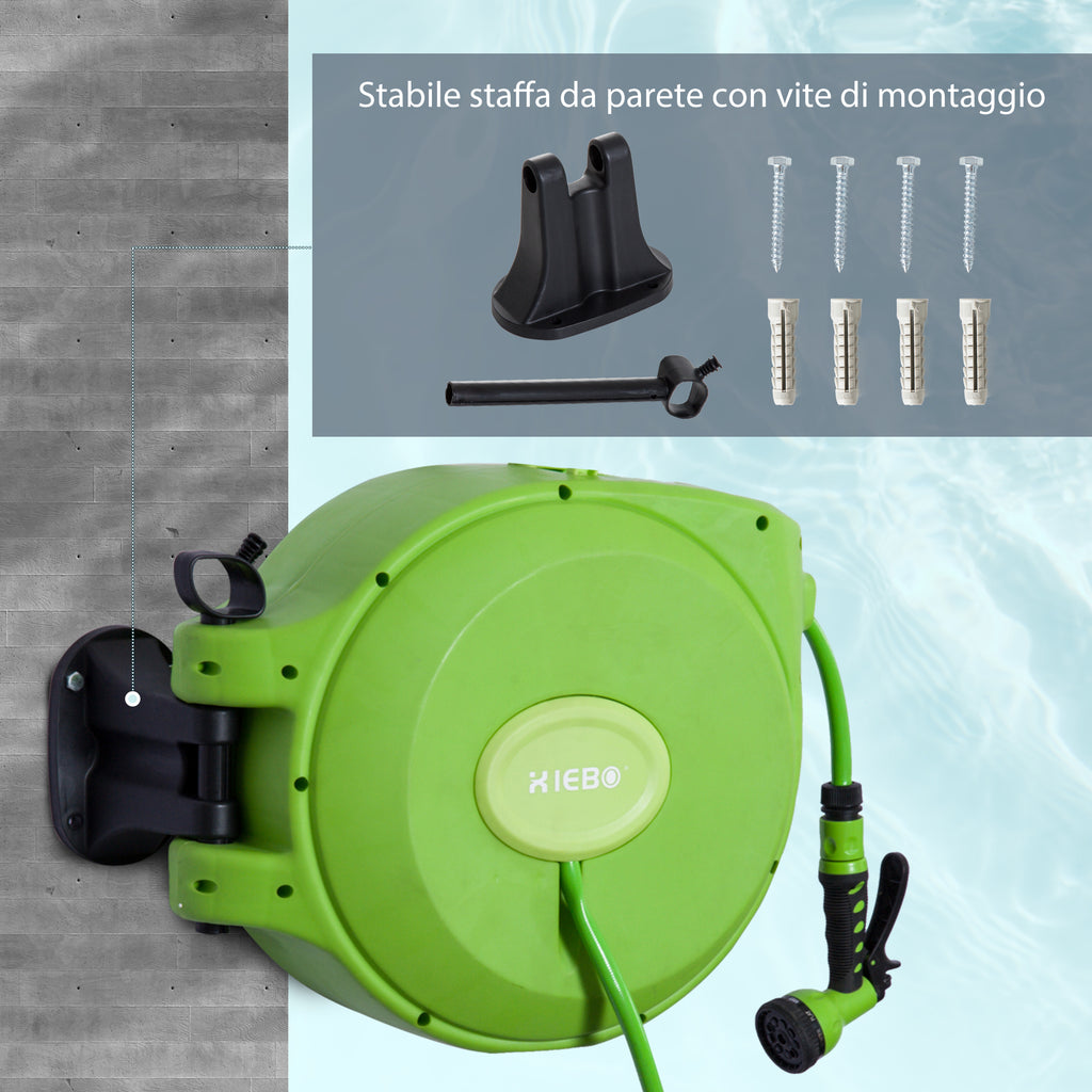 Retractable Garden Hose Reel with 20m Water Hose, 180° Rotatable Wall Mounted Hose Reel, Automatic Hose Reel Garden Hose for Watering Plastic, Green