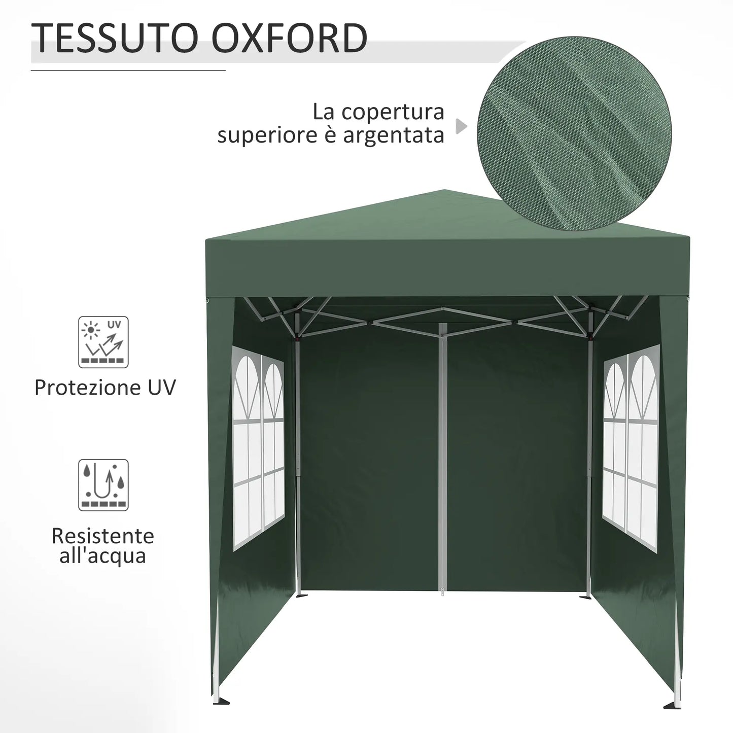 Gazebo 2x2 m Folding with 4 Removable Walls and Carry Bag, in Metal and Polyester, Green