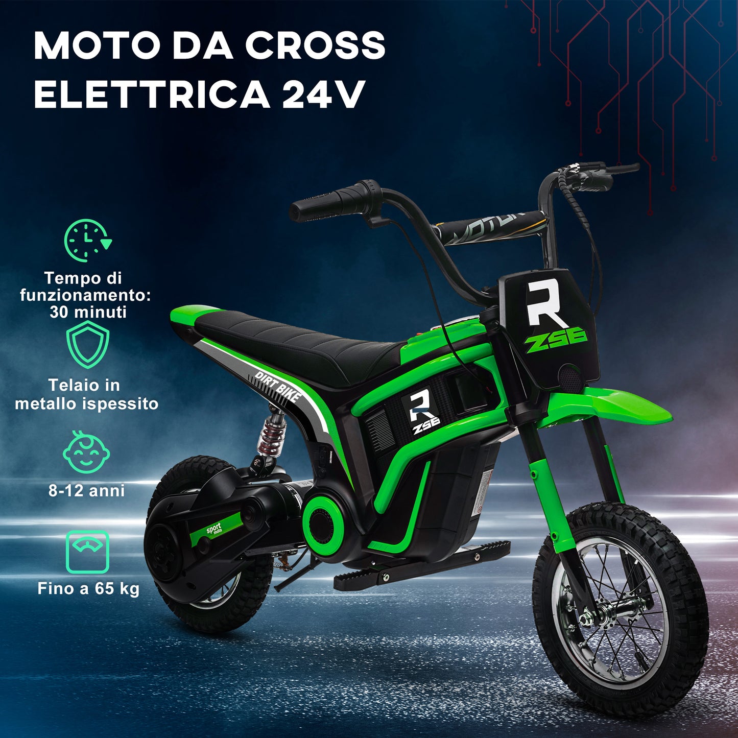 Electric Motorcycle for Children with Manual Throttle, 2 Speeds 8-16km/h, Age 8-12 Years, Green