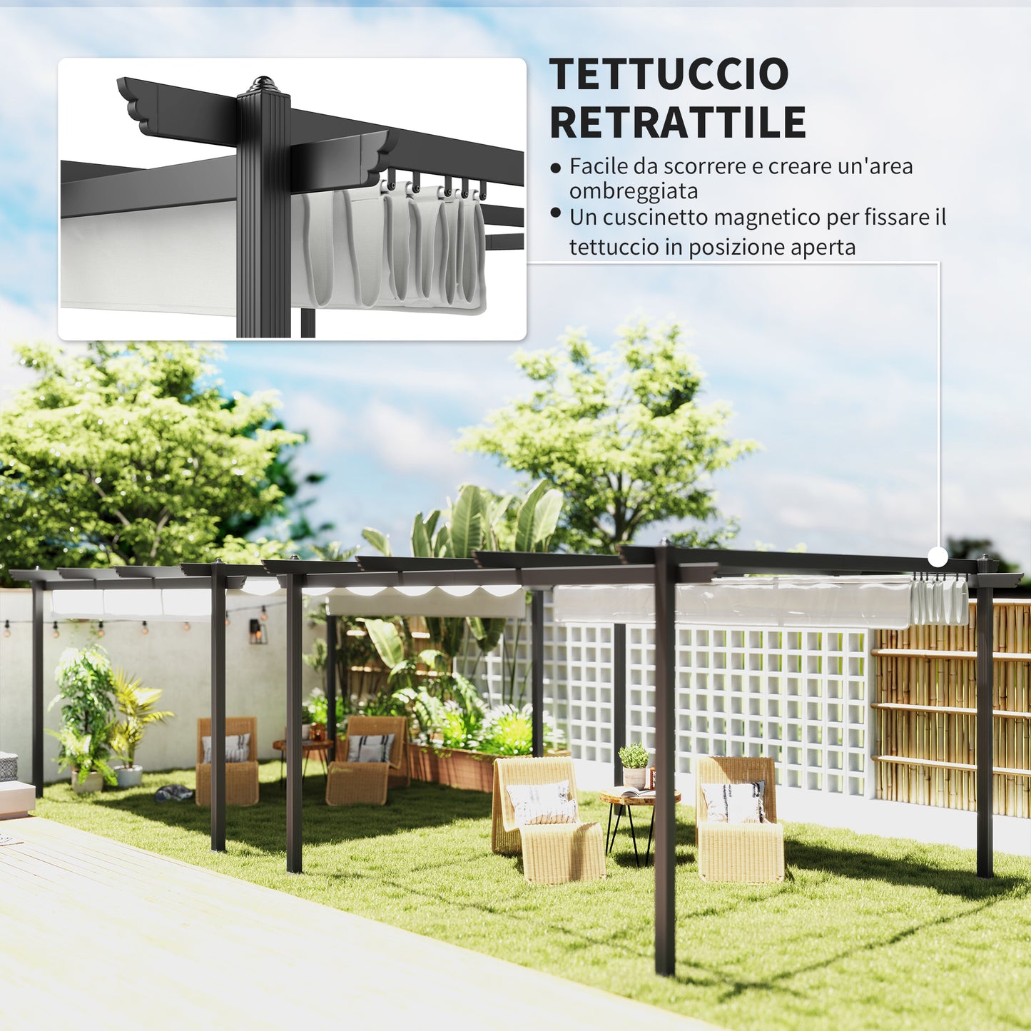 Gazebo Pergola 4x4 m with Retractable Roof, 8 Screws and 8 Pegs in Aluminum, Polyester and Metal, White