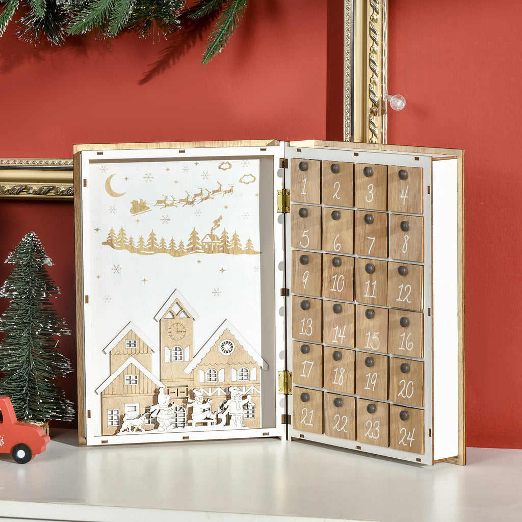 Wooden Christmas Advent Calendar in the Shape of a Book with Christmas Themes, 22x7x32 cm, White and Wood Color