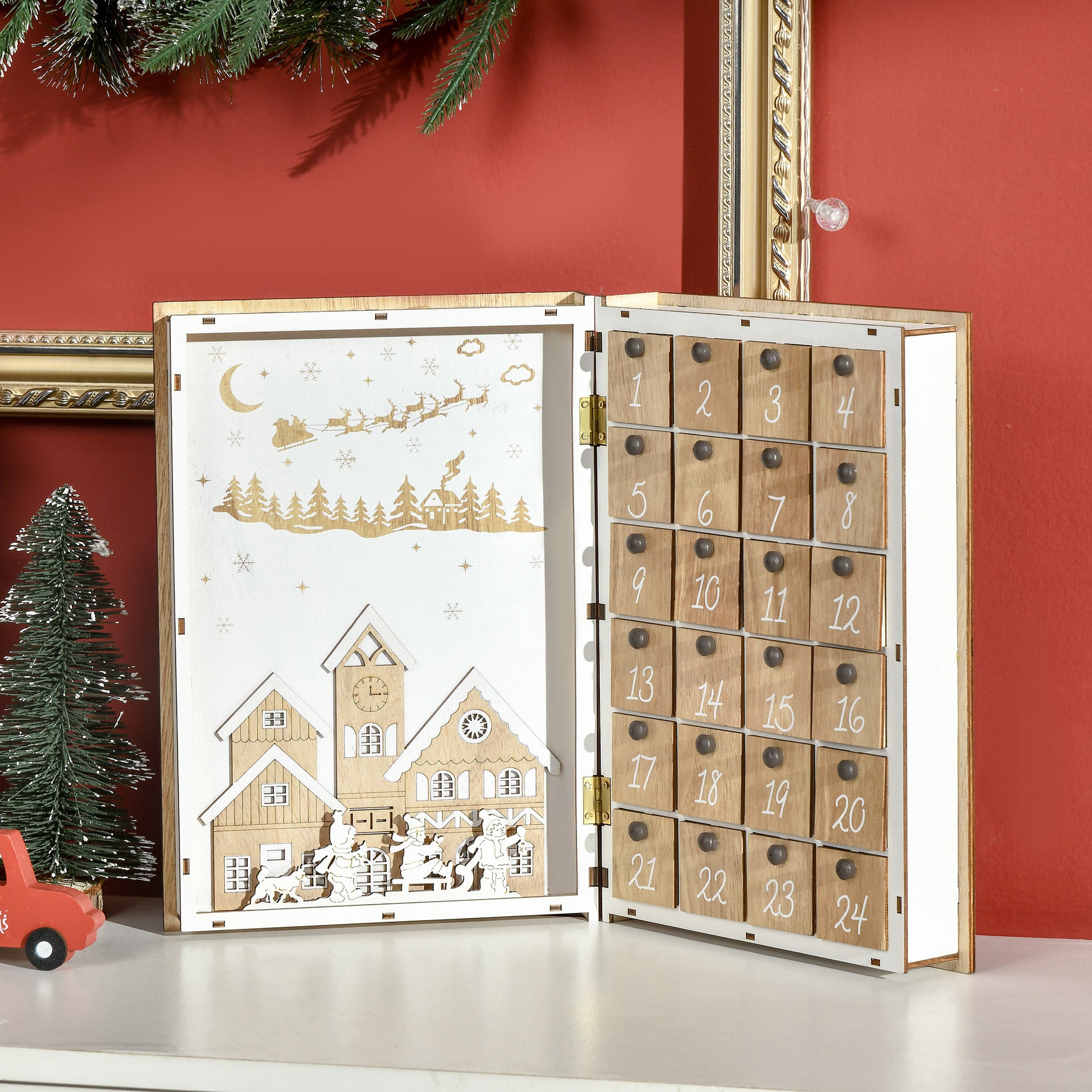 Wooden Christmas Advent Calendar in the Shape of a Book with Christmas Themes, 22x7x32 cm, White and Wood Color