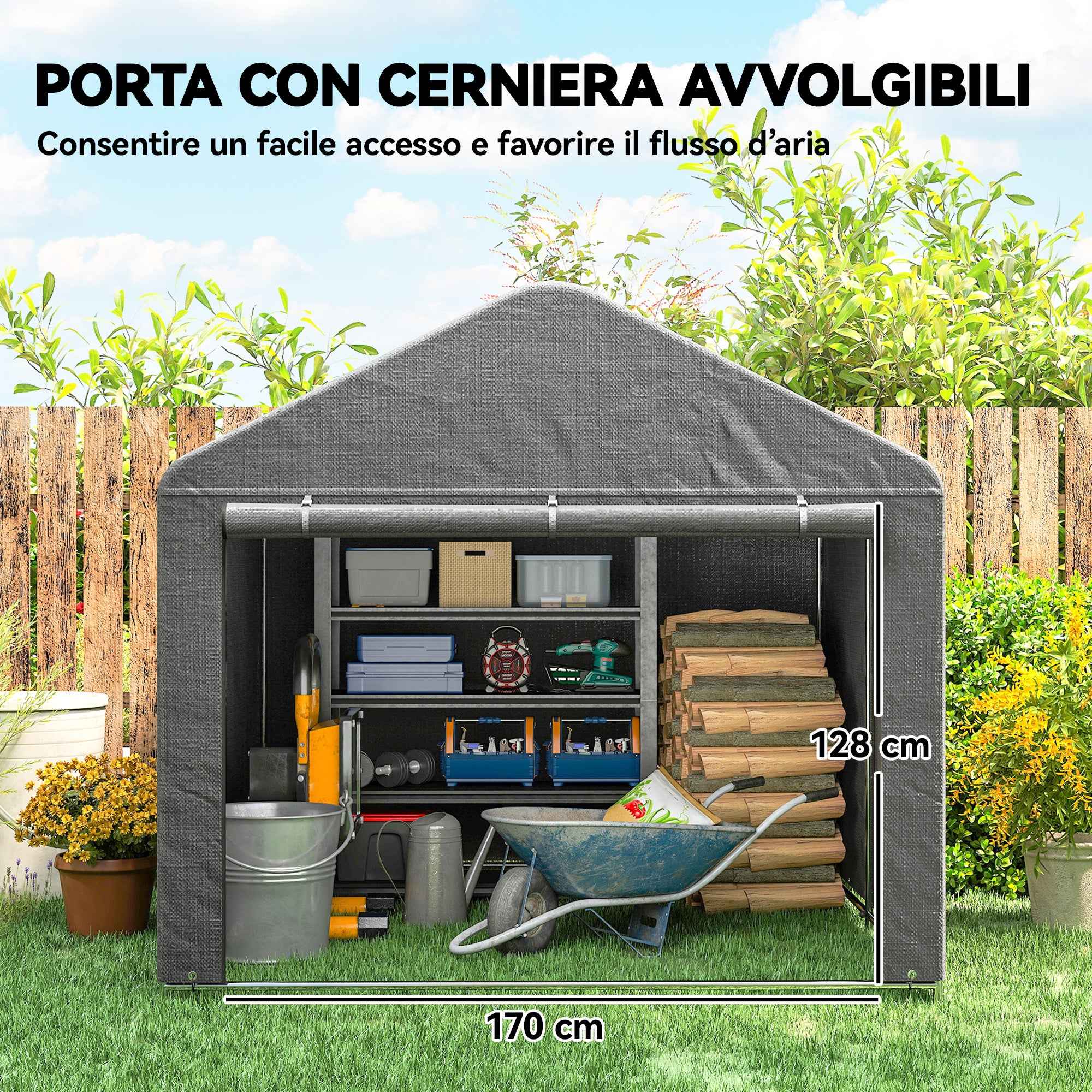 Outsunny 2x2.4m Waterproof Garden Shed with Roll-Up Door and Metal Frame, Light Grey