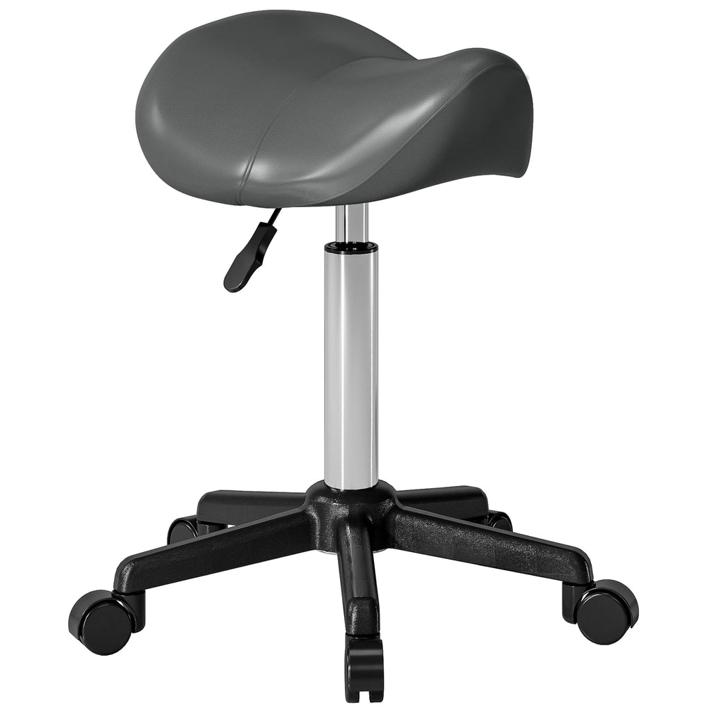 Swivel Saddle Stool with Wheels and Adjustable Height, Padded and Upholstered in Faux Leather, Grey
