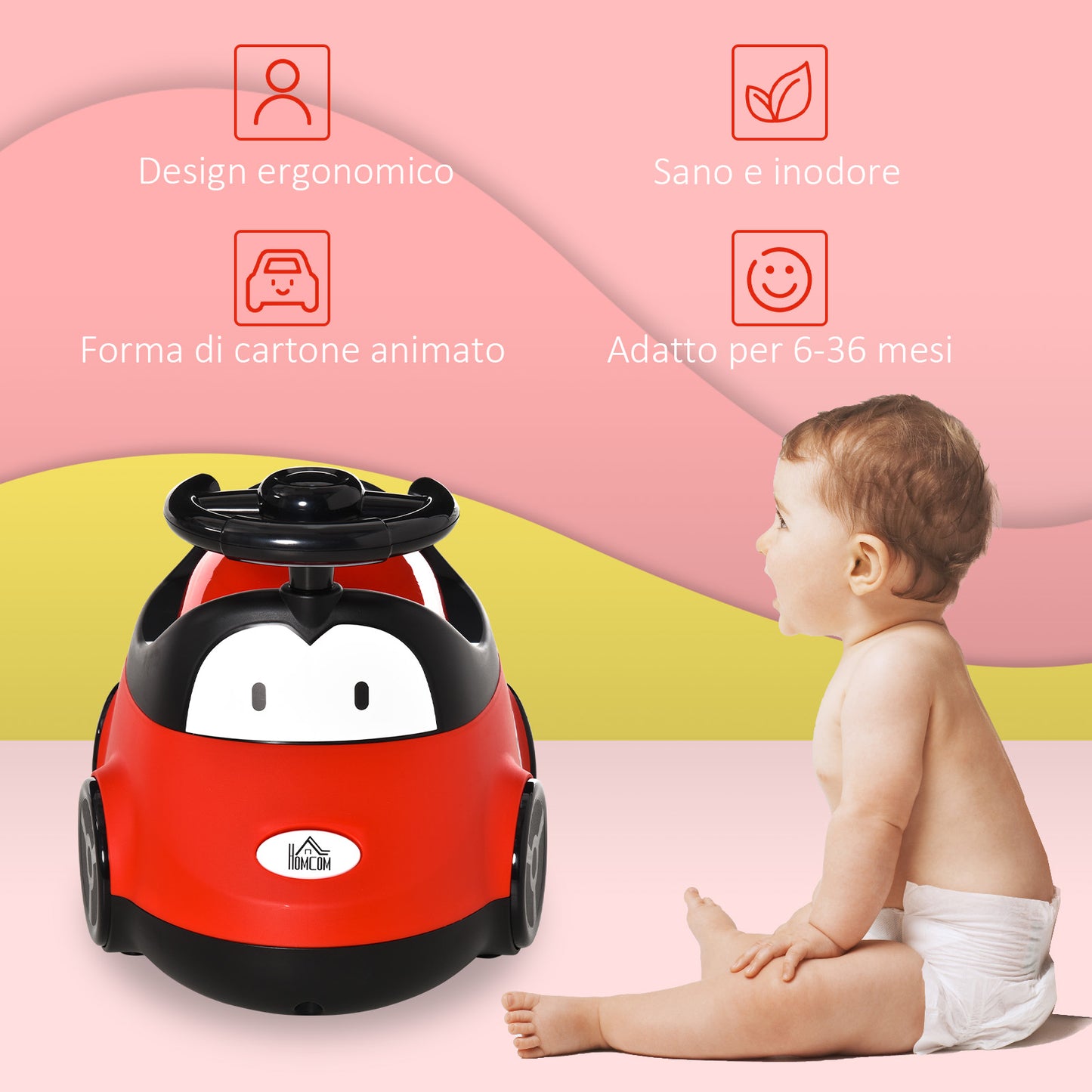 Car-Shaped Potty for Children from 6 Months to 3 Years with Steering Wheel and Removable Tray, Red