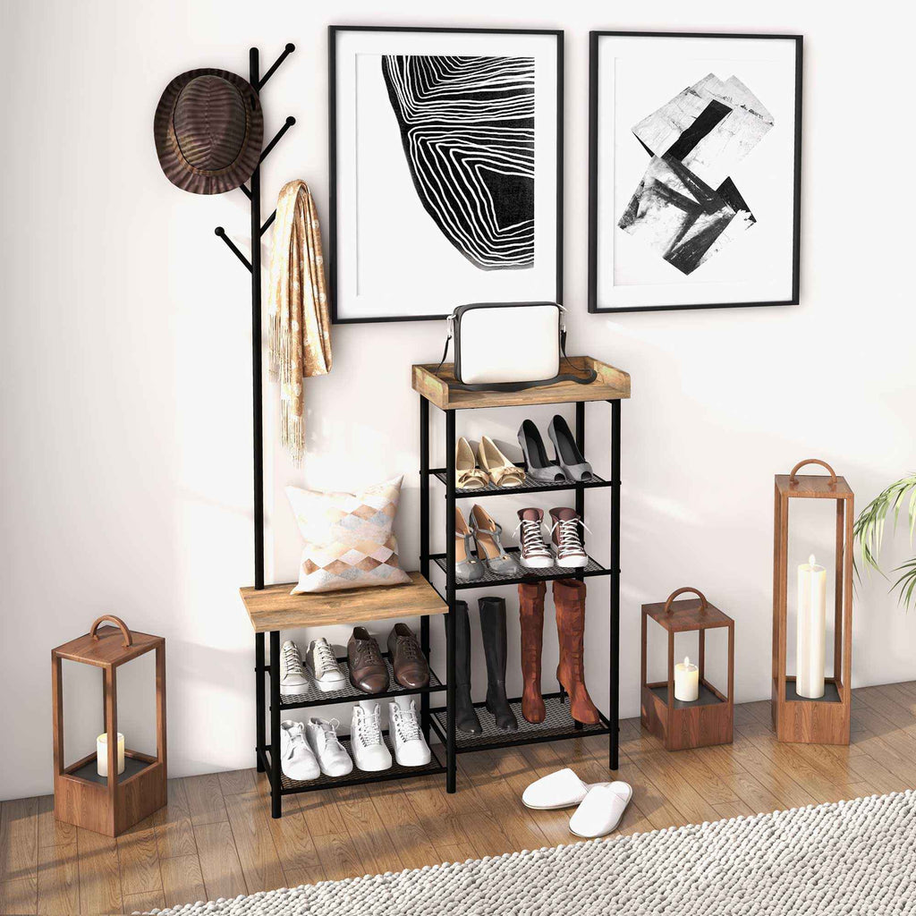 HOMCOM 6-Hook Coat Rack, Chipboard and Steel, Shoe Rack, 92.5 x 28.2 x 182 cm