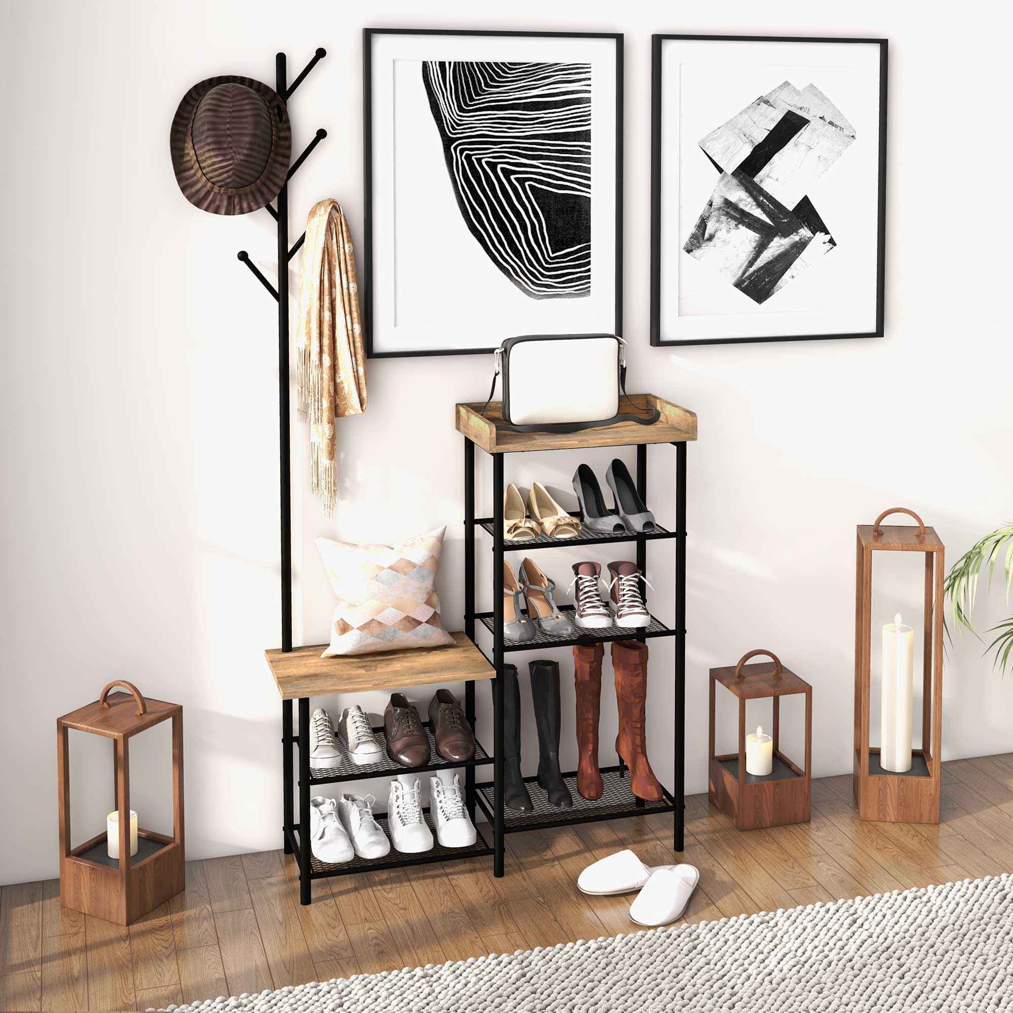 HOMCOM 6-Hook Coat Rack, Chipboard and Steel, Shoe Rack, 92.5 x 28.2 x 182 cm