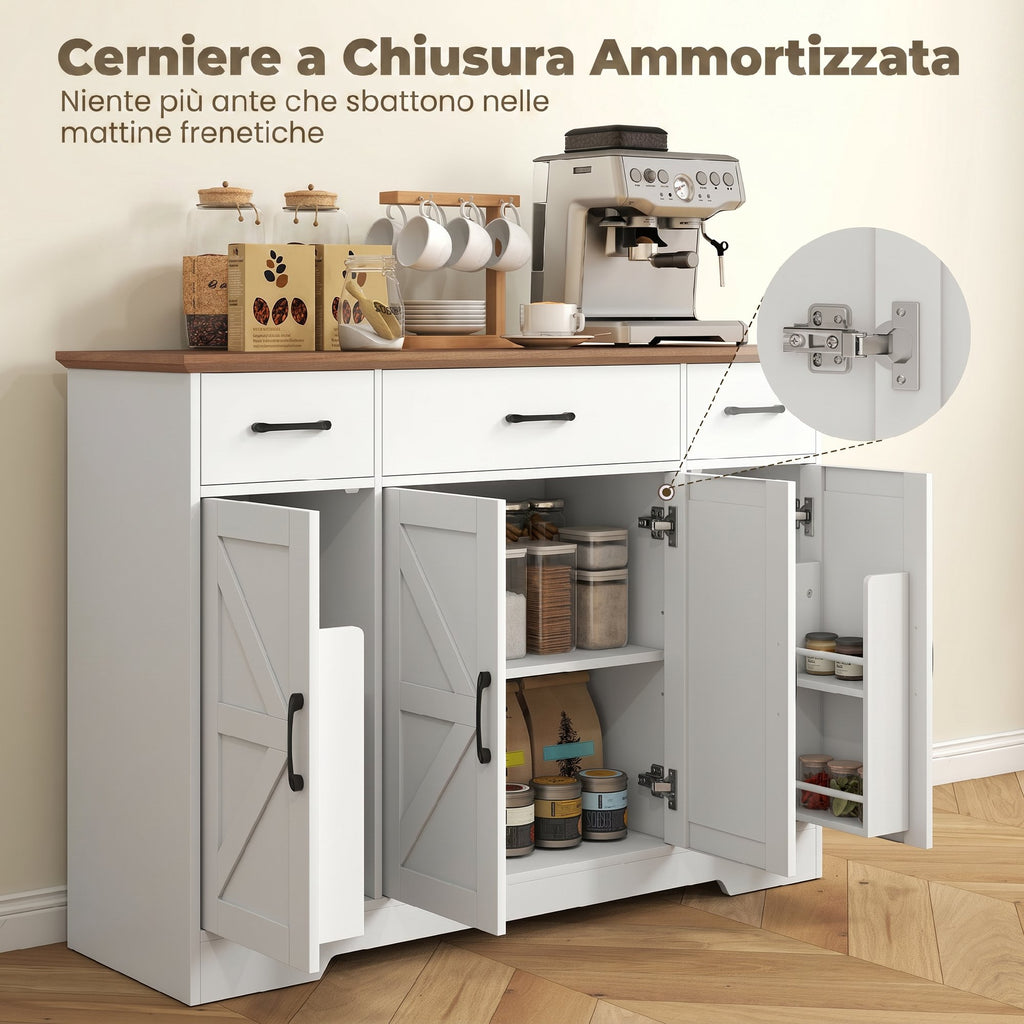 HOMCOM Rustic Kitchen Sideboard, Kitchen Cabinet with Soft-Close Doors, 3 Drawers, 3 Adjustable Shelves, Spice Rack, White