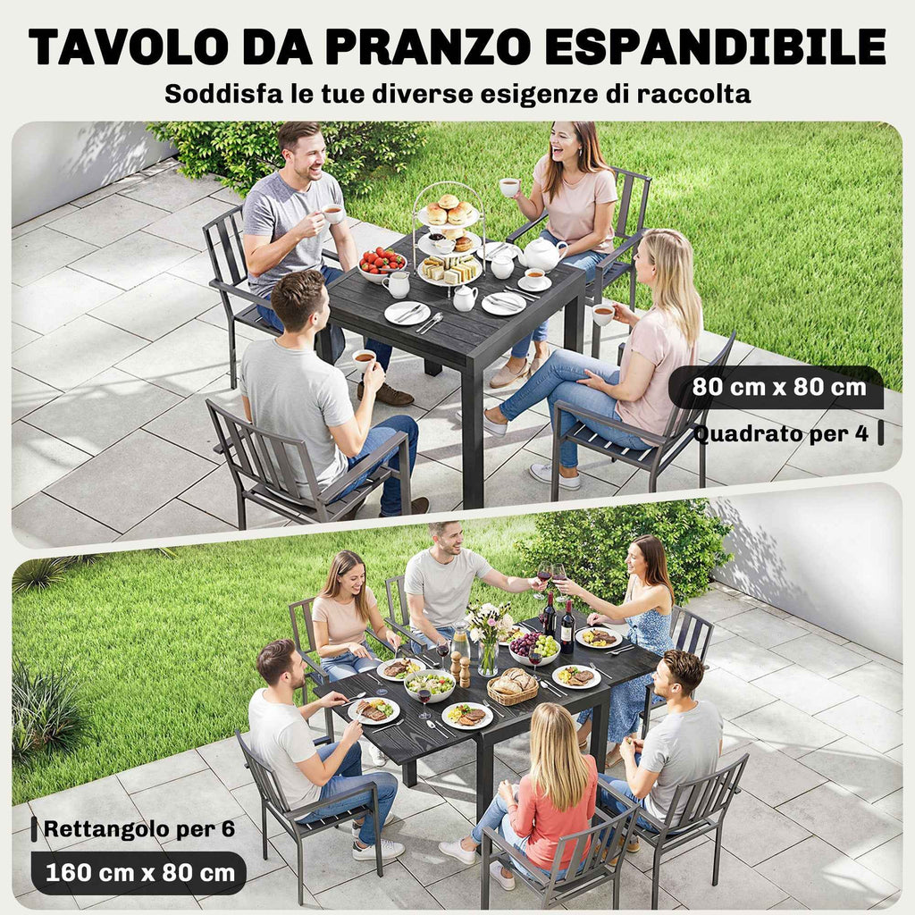 Outsunny Extendable Garden Table for 4-6 People with Slatted Top, Aluminum, 80/160x80x75 cm, Black