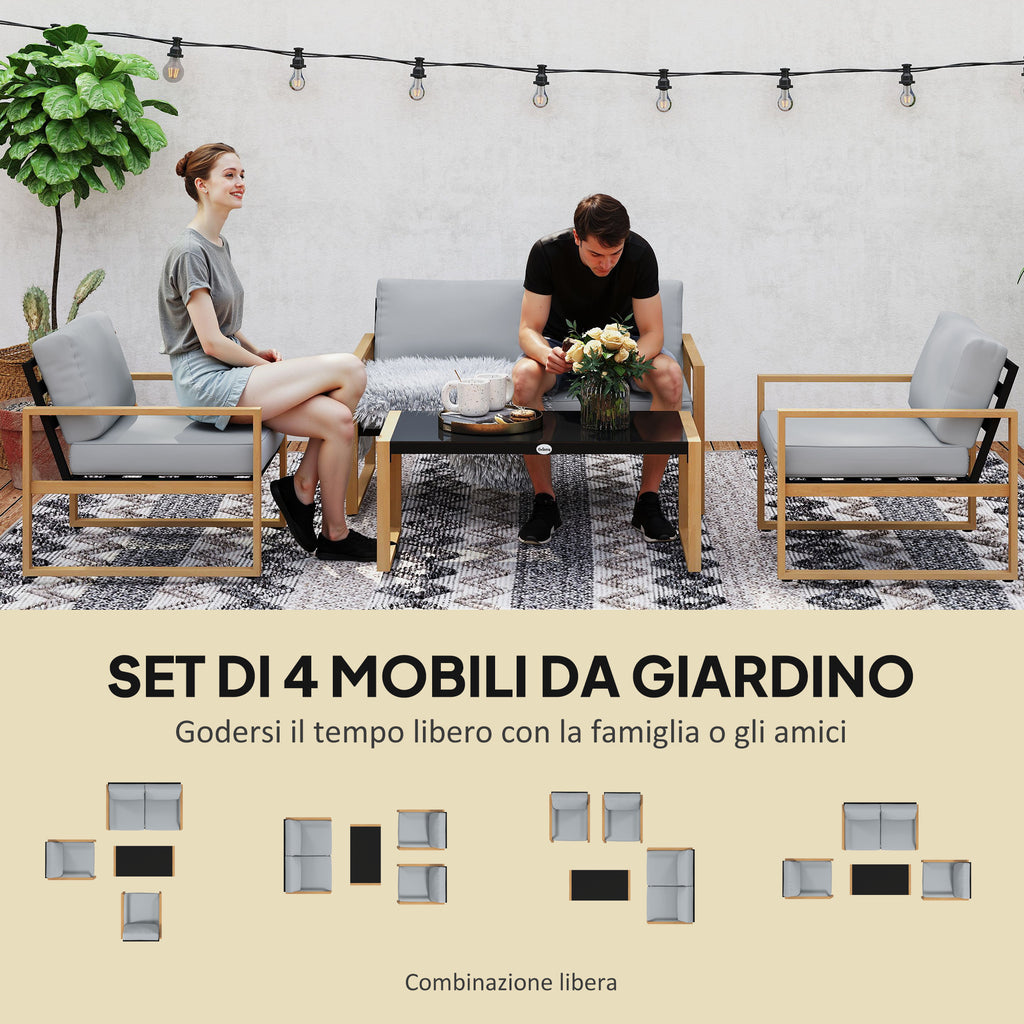 4 Piece Garden Set with 2 Armchairs, Sofa and Coffee Table, in Aluminum and Fiber, Gray and Wood Color