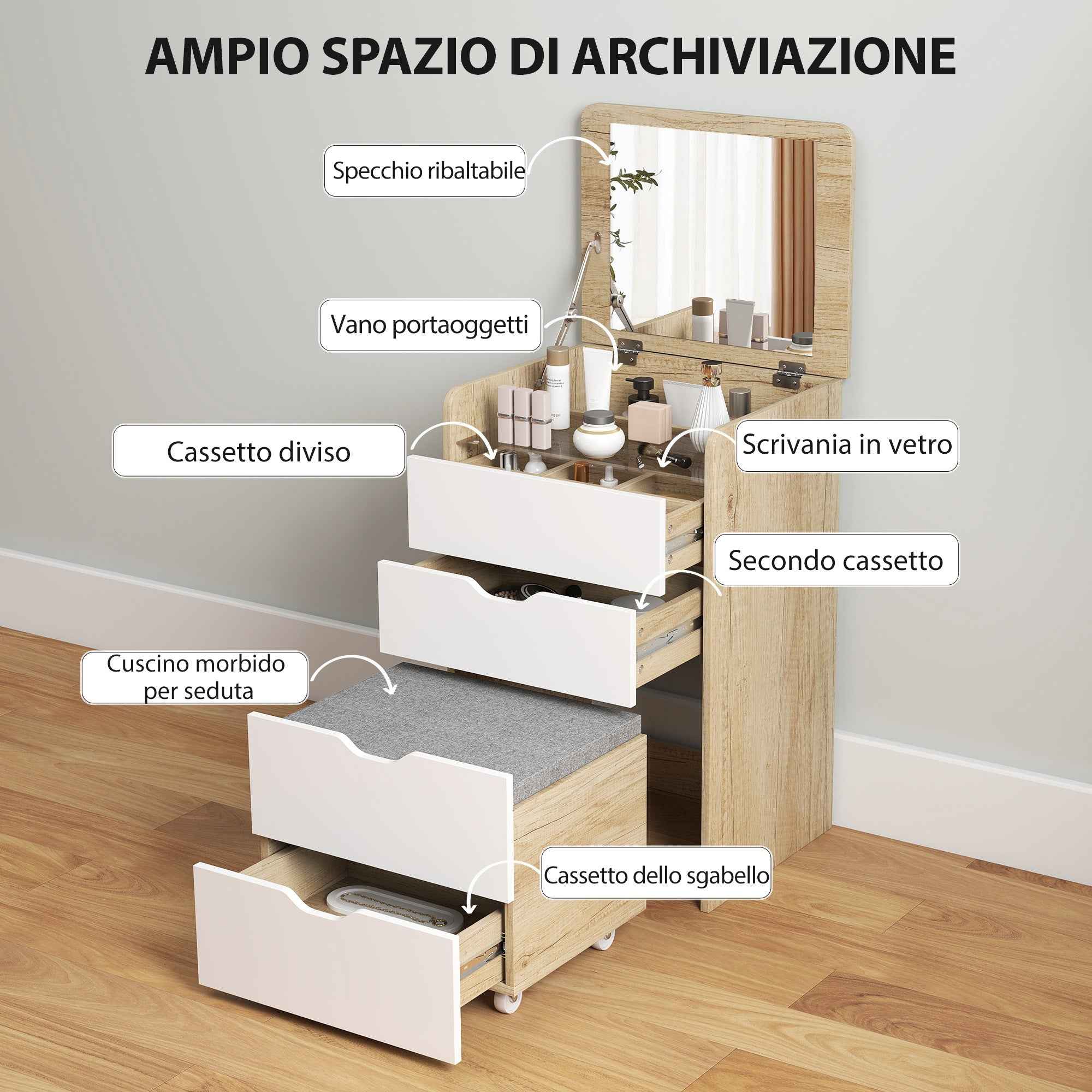 HOMCOM 3-in-1 Dressing Table with Mirror, Storage, 2 Drawers and Stool, Wooden, 50x40x78 cm, White and Oak