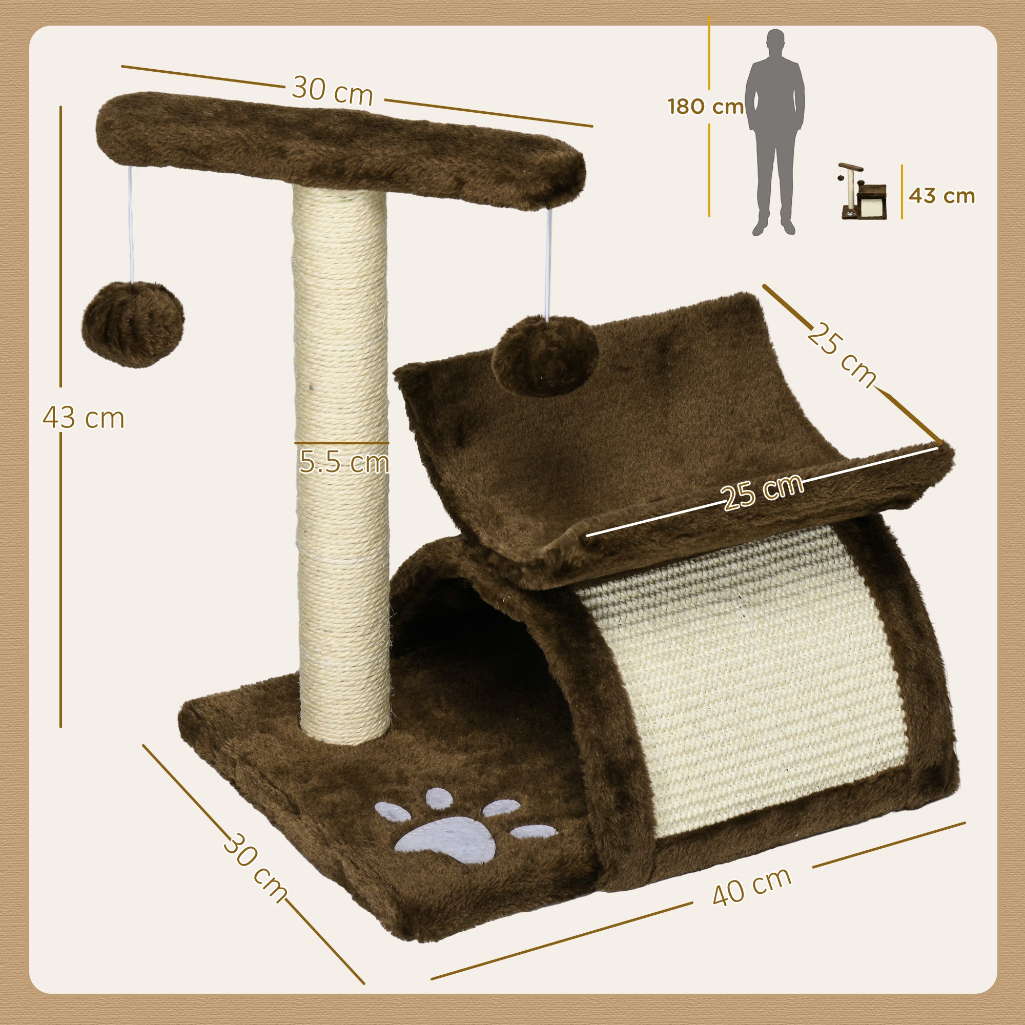 Cat Scratching Post, Cat Tree, Cat Toy, with Bed, 2 Hanging Balls in Natural Sisal, Height 43cm
