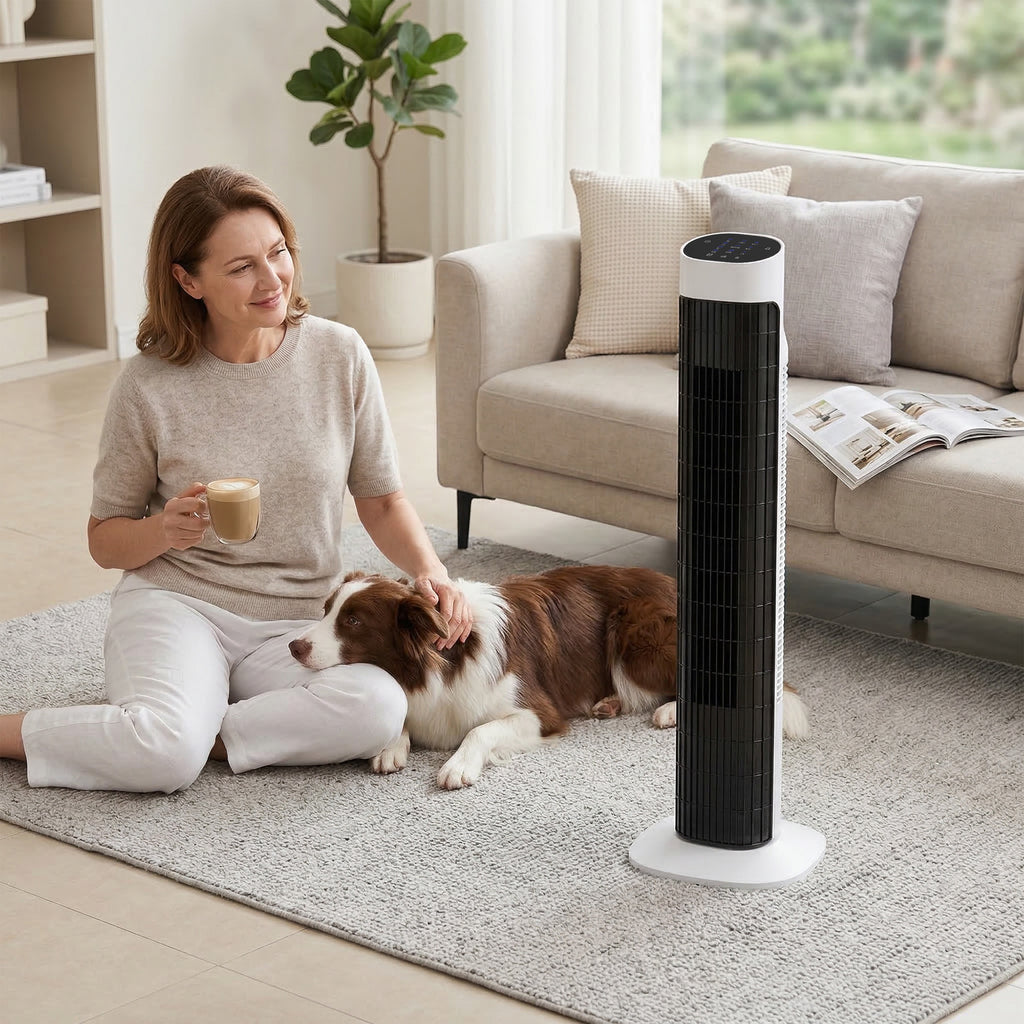 80cm 70° Oscillating Floor Tower Fan, Black and White