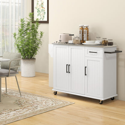 Kitchen Island with Drawer, Cabinet and 2 Open Shelves, in MDF and Stainless Steel, 128x45.5x91.5 cm