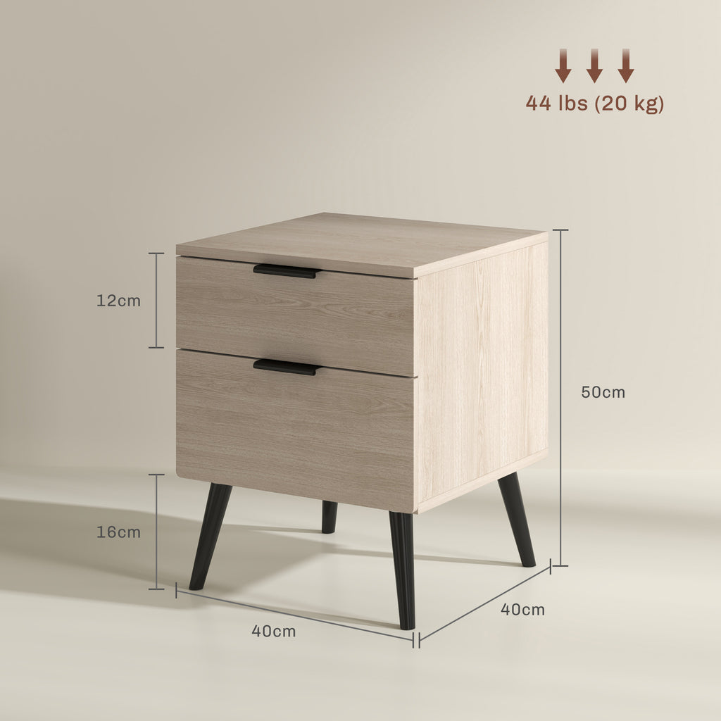 Set of 2 Nordic Style Bedside Tables with Drawer and Raised Base, Wooden, 40x40x50 cm, Oak Color