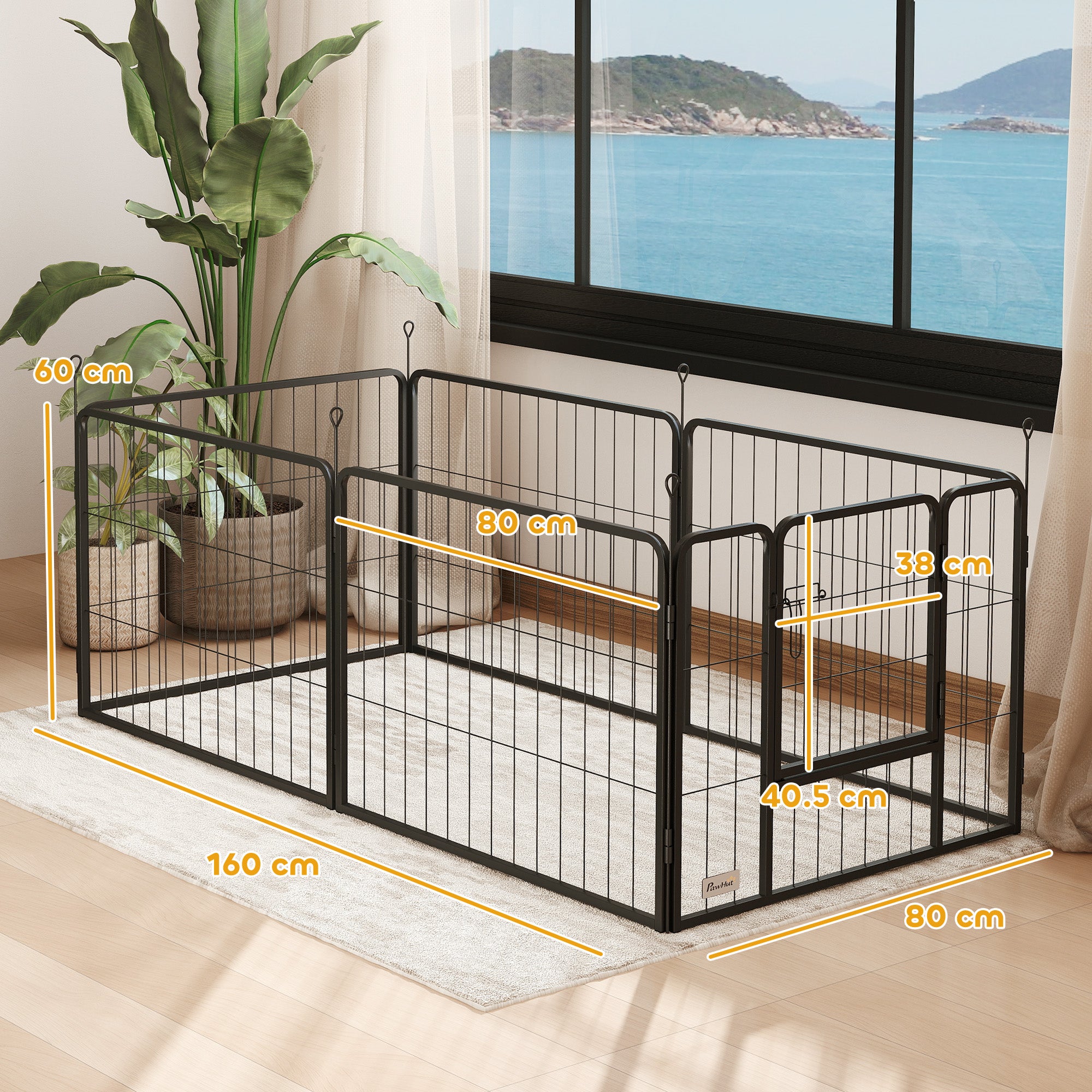 Dog Fence with 6 Modular Panels 80x1.5x60 cm in Black Steel with Entrance Door