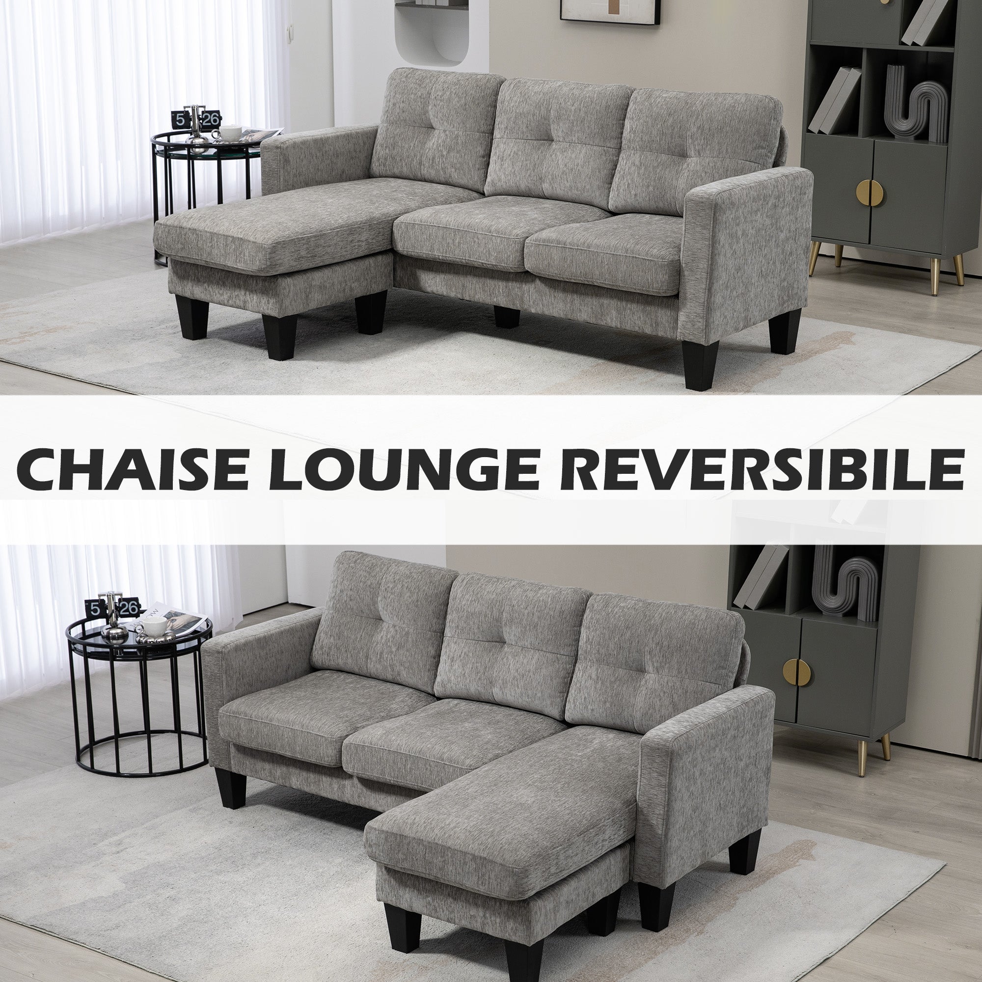 3-Seater Corner Sofa with Seat and Back Cushion, in Chenille Effect Fabric, 186x130x84 cm, Taupe