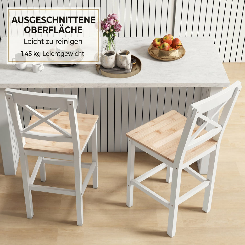 Set of 2 Bar Stools, High Back Kitchen Stools with Footrest, Pine Wood, Natural and White