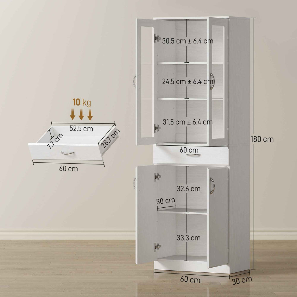 HOMCOM Kitchen Sideboard with 2 Cabinets and a Drawer, Adjustable Shelves and Glass Doors, 60x35x180 cm, White