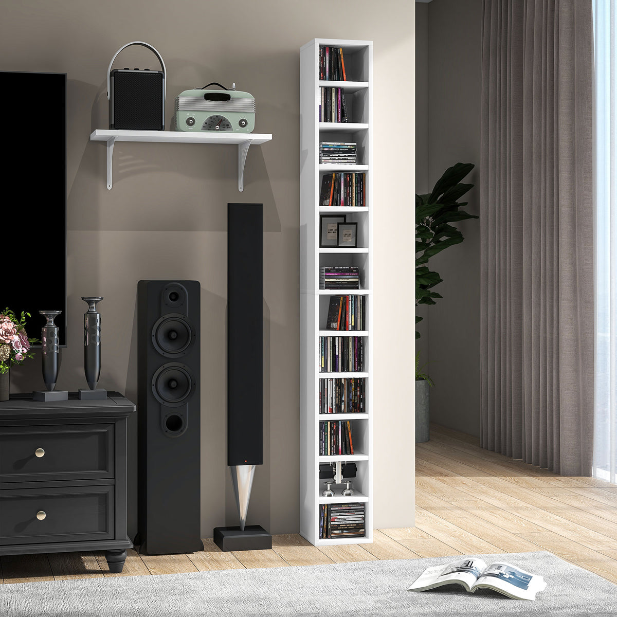HOMCOM 12-Tier CD Storage Cabinet for 204 CDs, MDF and Chipboard, 21x20x175 cm, White