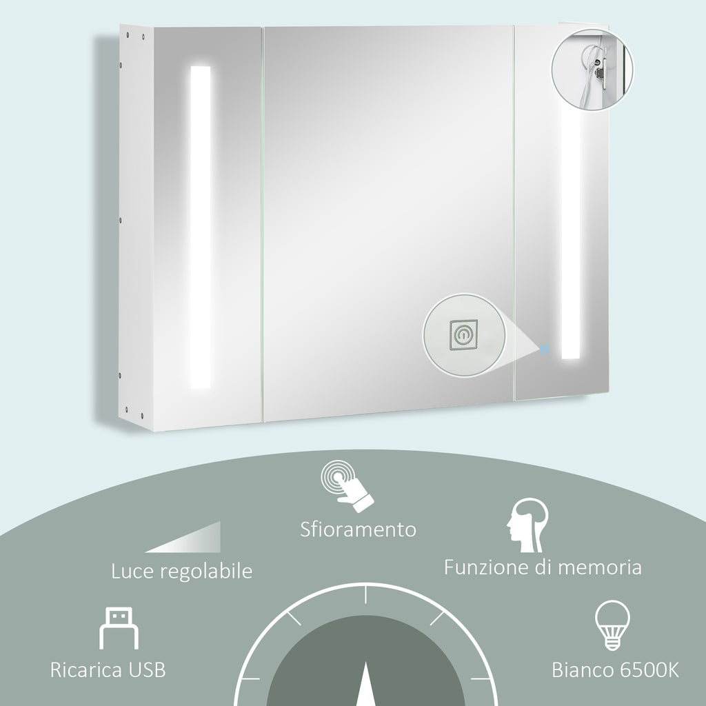 kleankin Bathroom Mirror Cabinet with 3 Cabinets, 3 Shelves and LED Light, 90x15x65 cm, White - Borgè