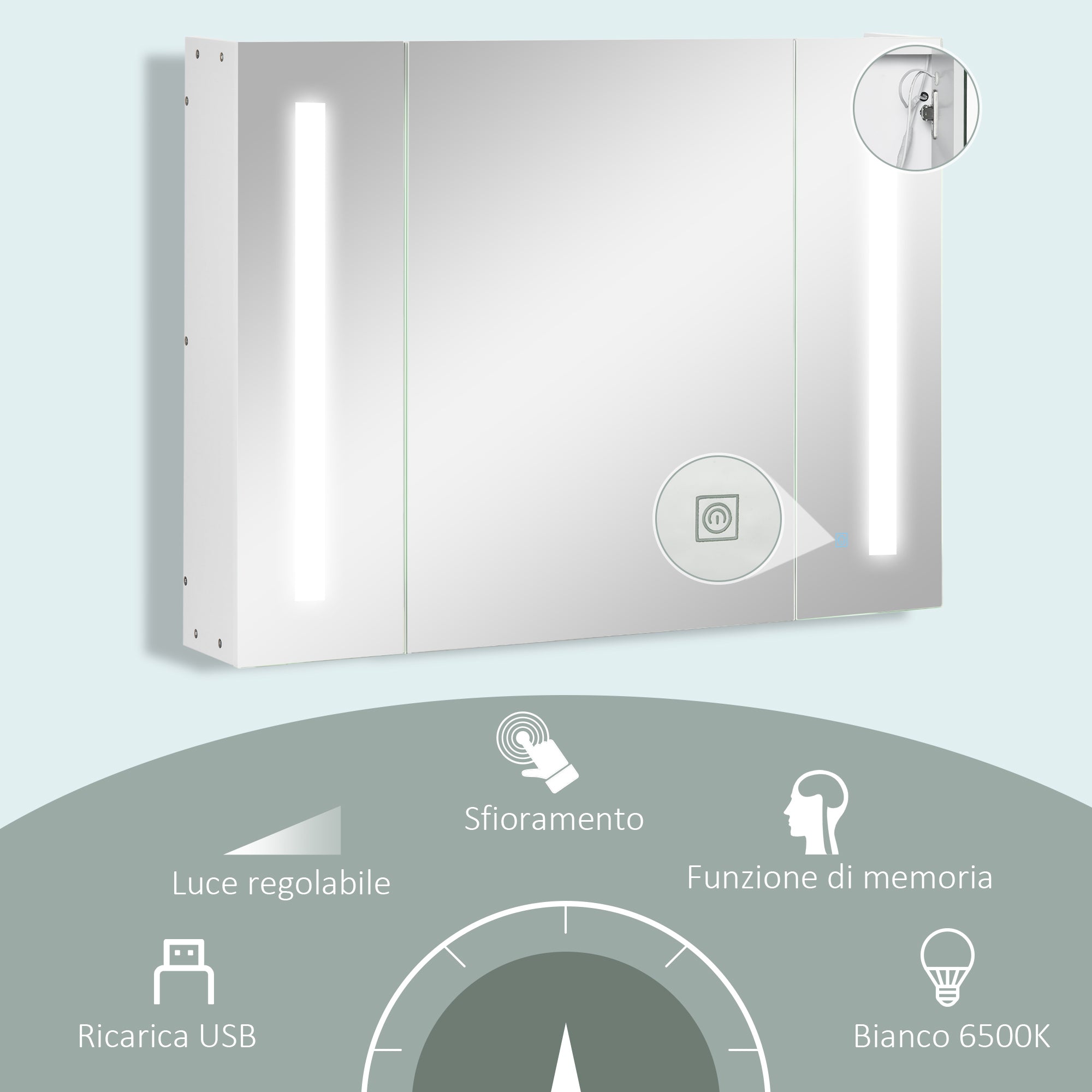 kleankin Bathroom Mirror Cabinet with 3 Cabinets, 3 Shelves and LED Light, 90x15x65 cm, White - Borgè