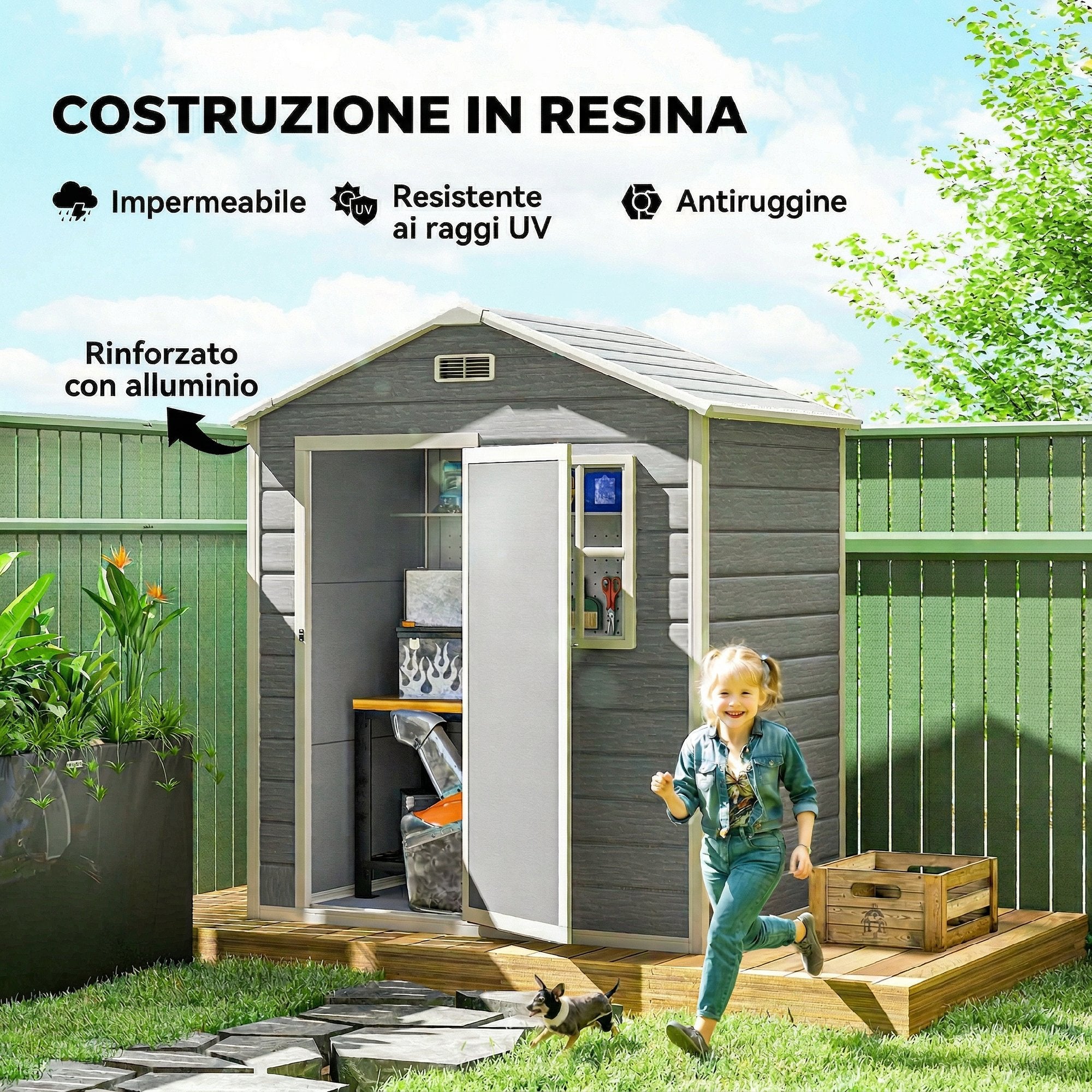 Outsunny Garden Shed, Plastic Storage Shed with Floor, Window, Lockable Door and Vents, Grey