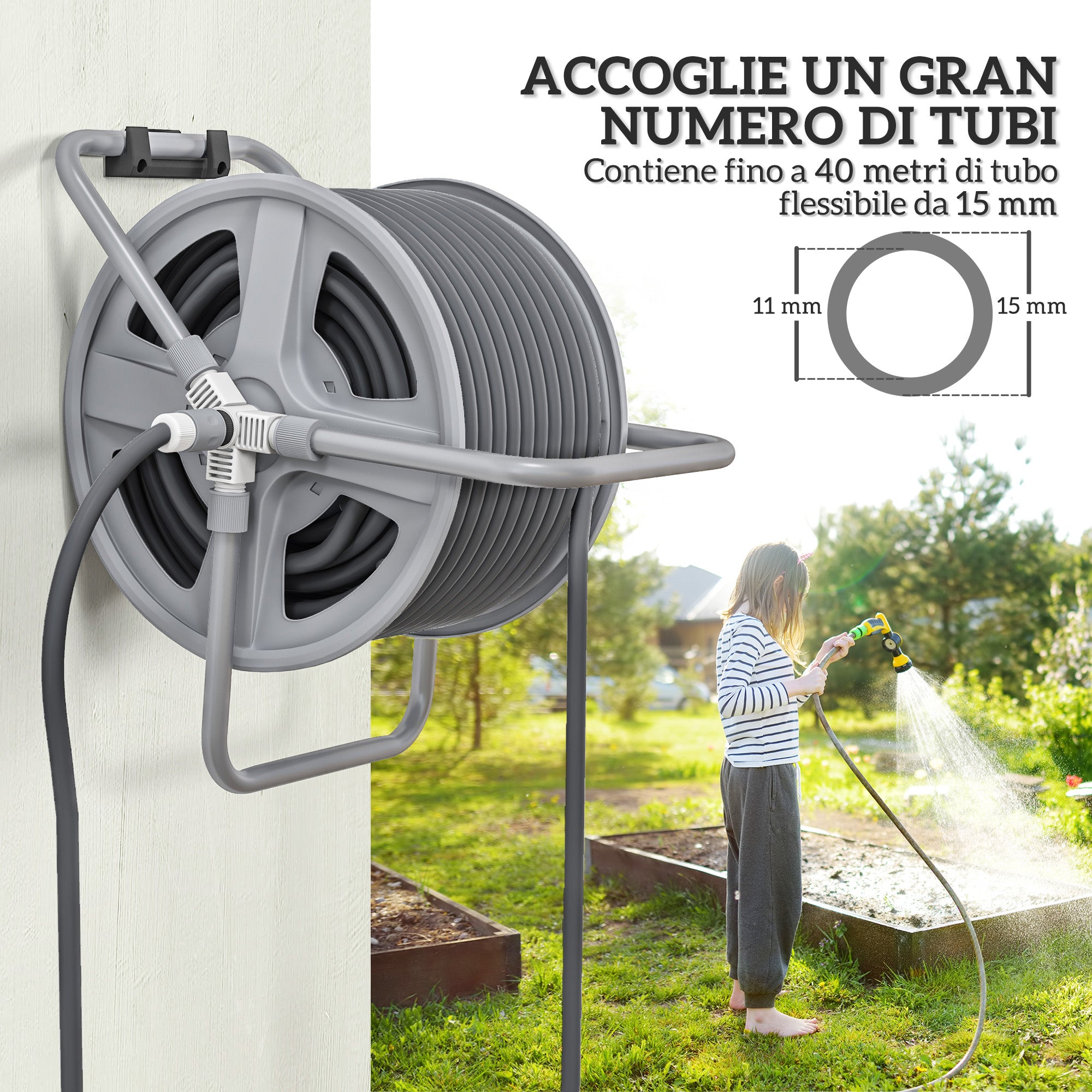 Wall Mounted and Freestanding Garden Hose Reel for 40m Hose with Crank Handle, Grey