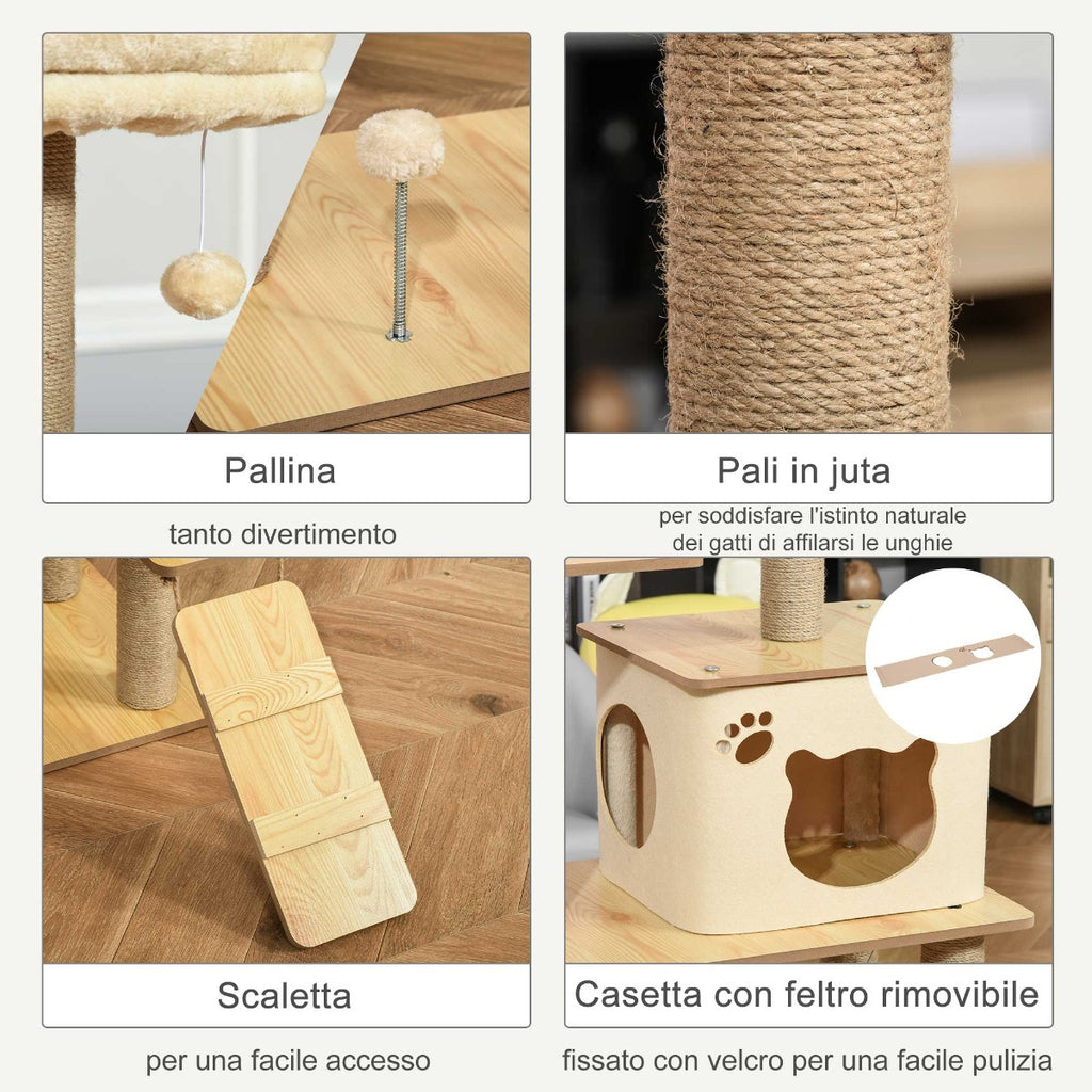 Multi-Level Cat Tree with House, Hammock, Ladder and Jute Ropes, Plush Cover, 60x40x130cm, Yellow