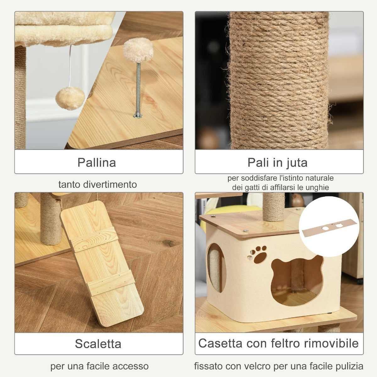 Multi-Level Cat Tree with House, Hammock, Ladder and Jute Ropes, Plush Cover, 60x40x130cm, Yellow