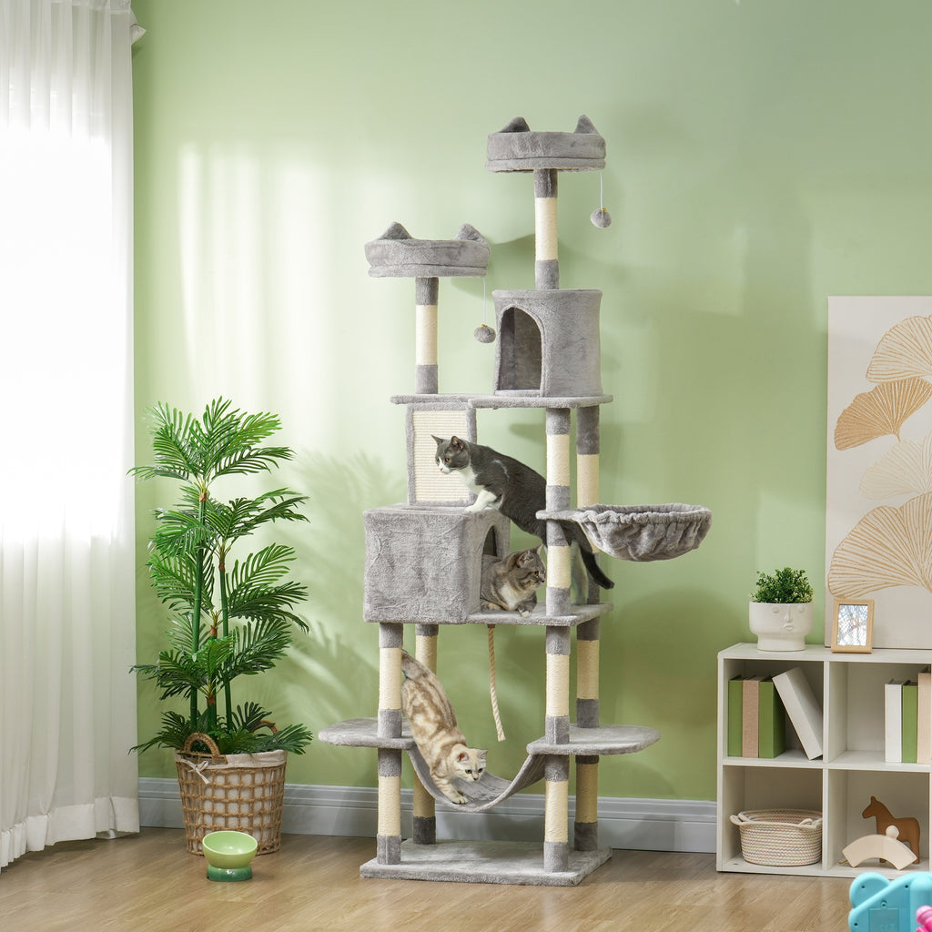 PawHut Cat Tree 206cm Tall with 4 Scratching Posts, Caves, Baskets, Hammocks, for 1-3 Kittens 6kg, Light Grey