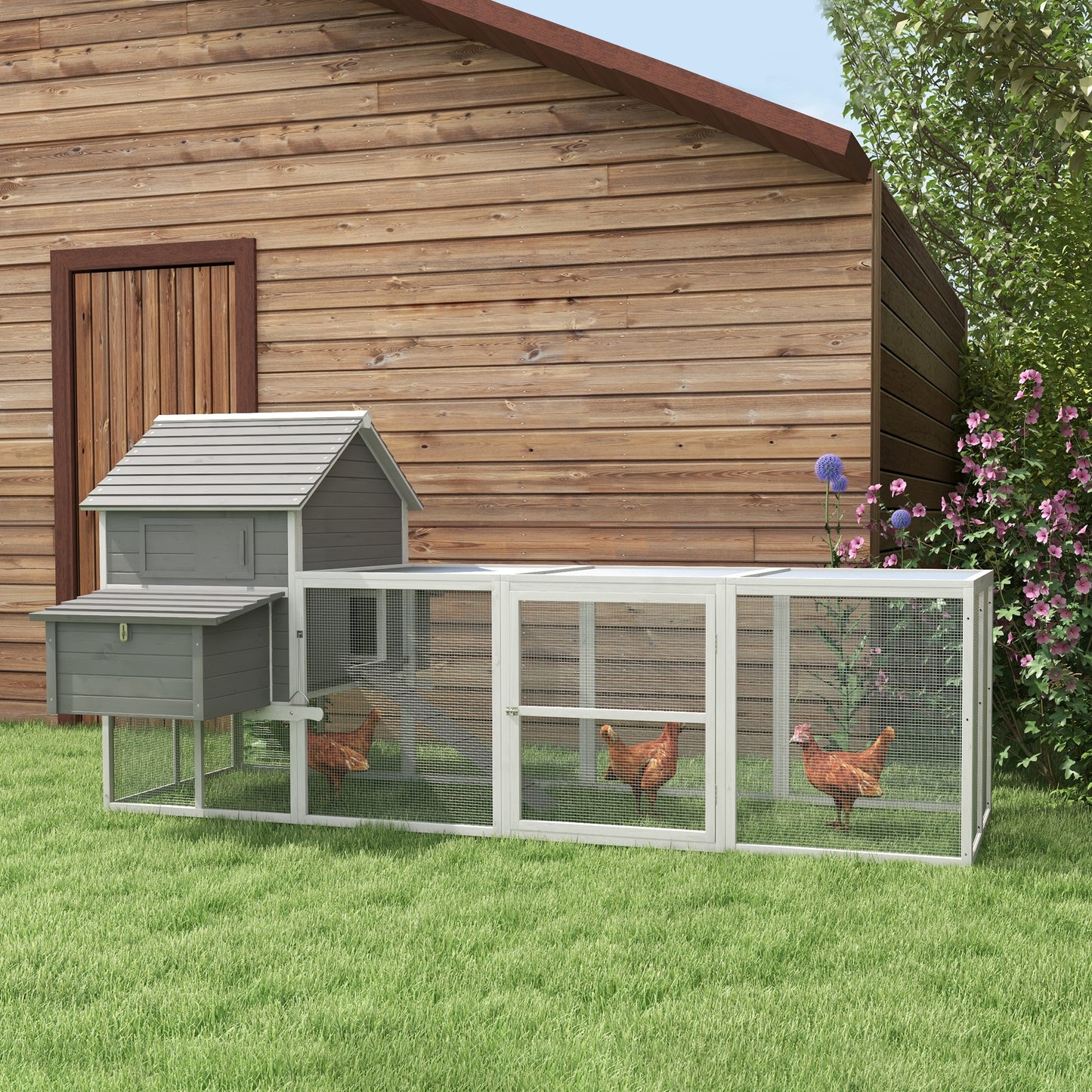 Pawhut Garden Chicken coop with chickens, ramp and open area, 310.5x149.5x149cm, gray - Borgè