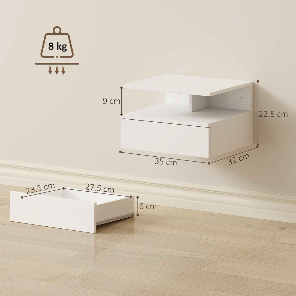 HOMCOM Set of 2 Floating Bedside Tables with Drawer and Open Shelf, 35x32x22.5 cm, White