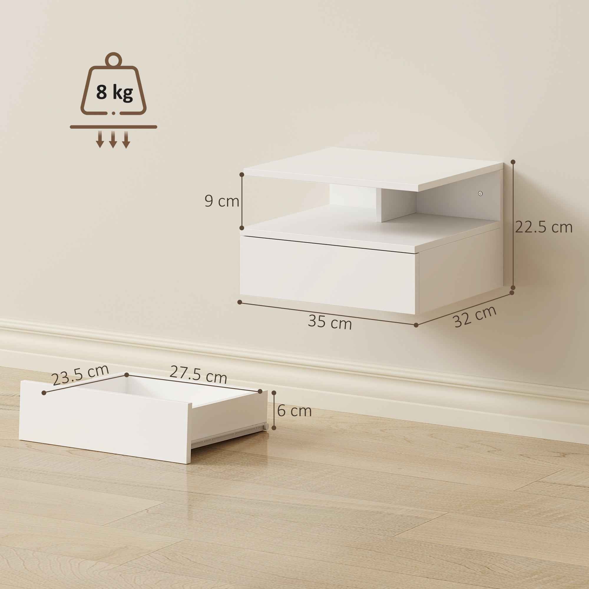 HOMCOM Set of 2 Floating Bedside Tables with Drawer and Open Shelf, 35x32x22.5 cm, White