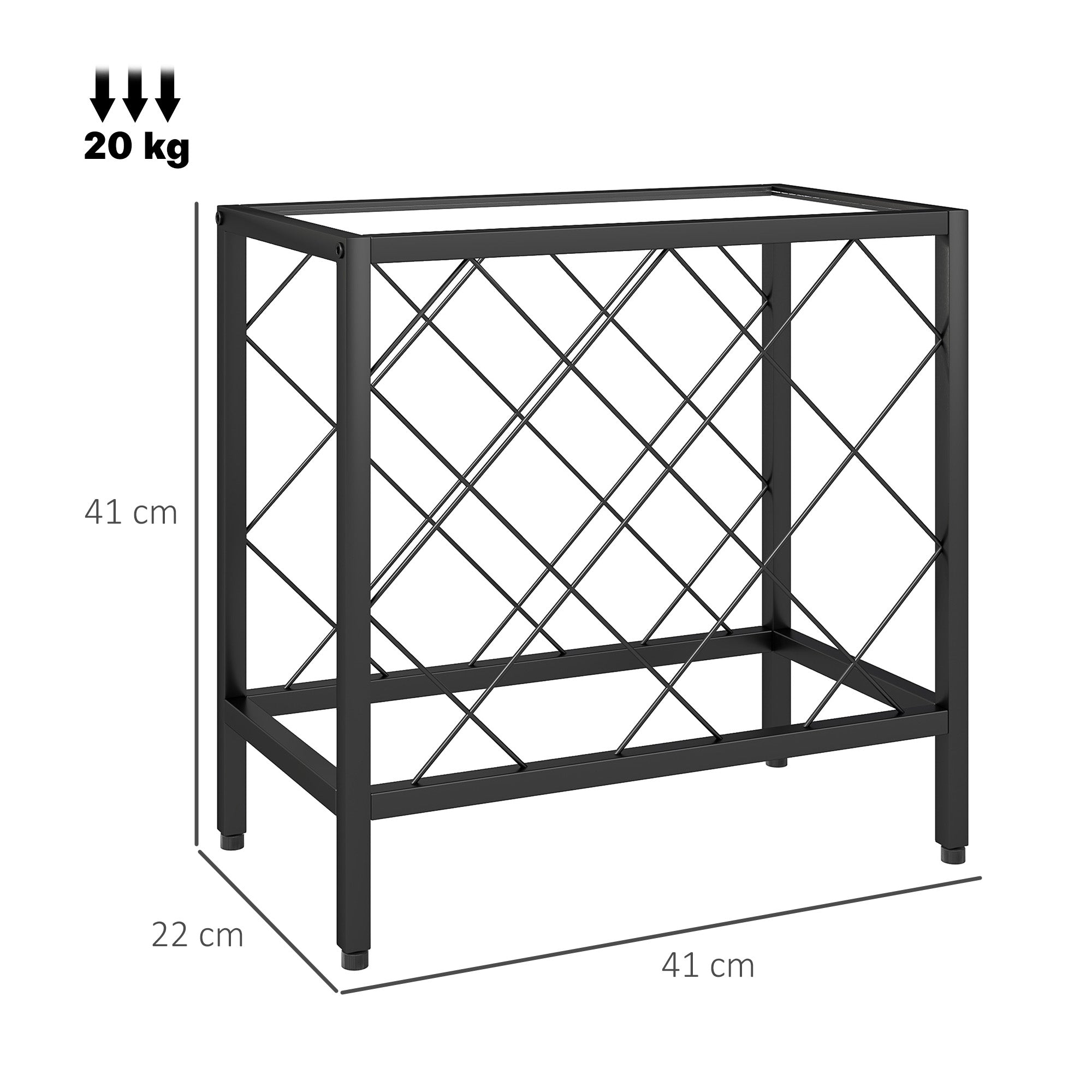 Wine Bottle Rack for 10 Bottles in Black Steel with Tempered Glass Shelf, 41x22x41 cm