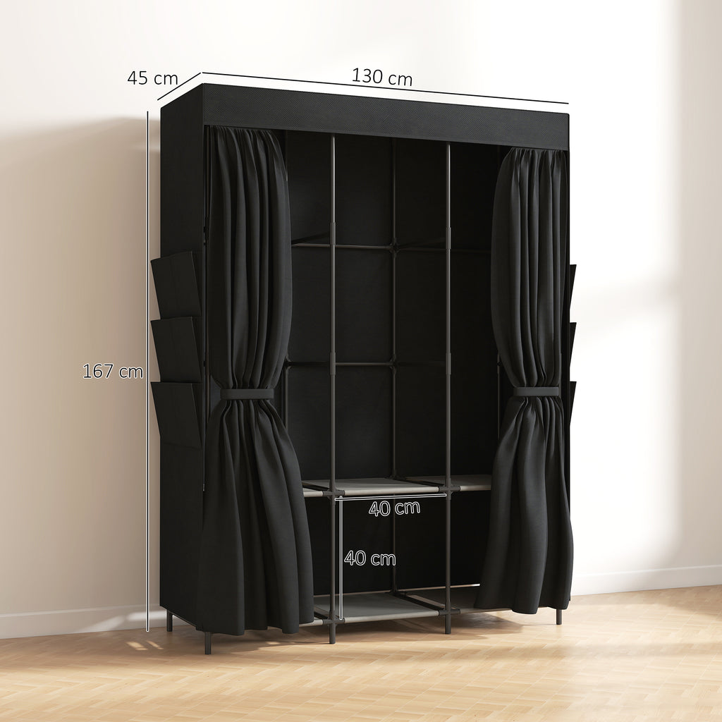 HOMCOM Space-Saving Fabric Wardrobe with 3 Rods, 3 Shelves, 6 Side Pockets, Dustproof Doors with Zip, Black