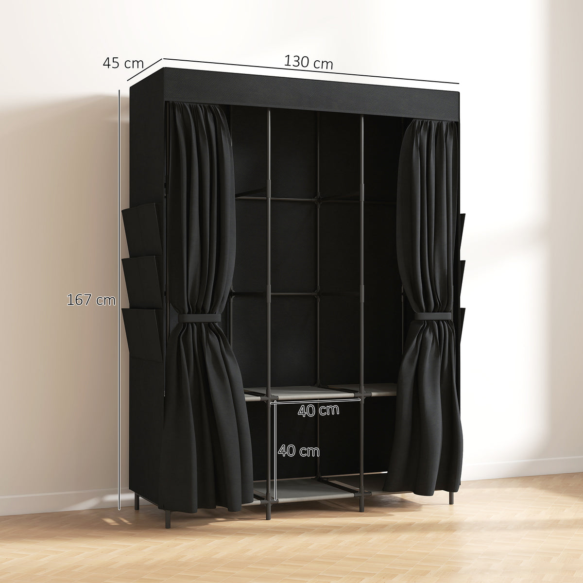 HOMCOM Space-Saving Fabric Wardrobe with 3 Rods, 3 Shelves, 6 Side Pockets, Dustproof Doors with Zip, Black